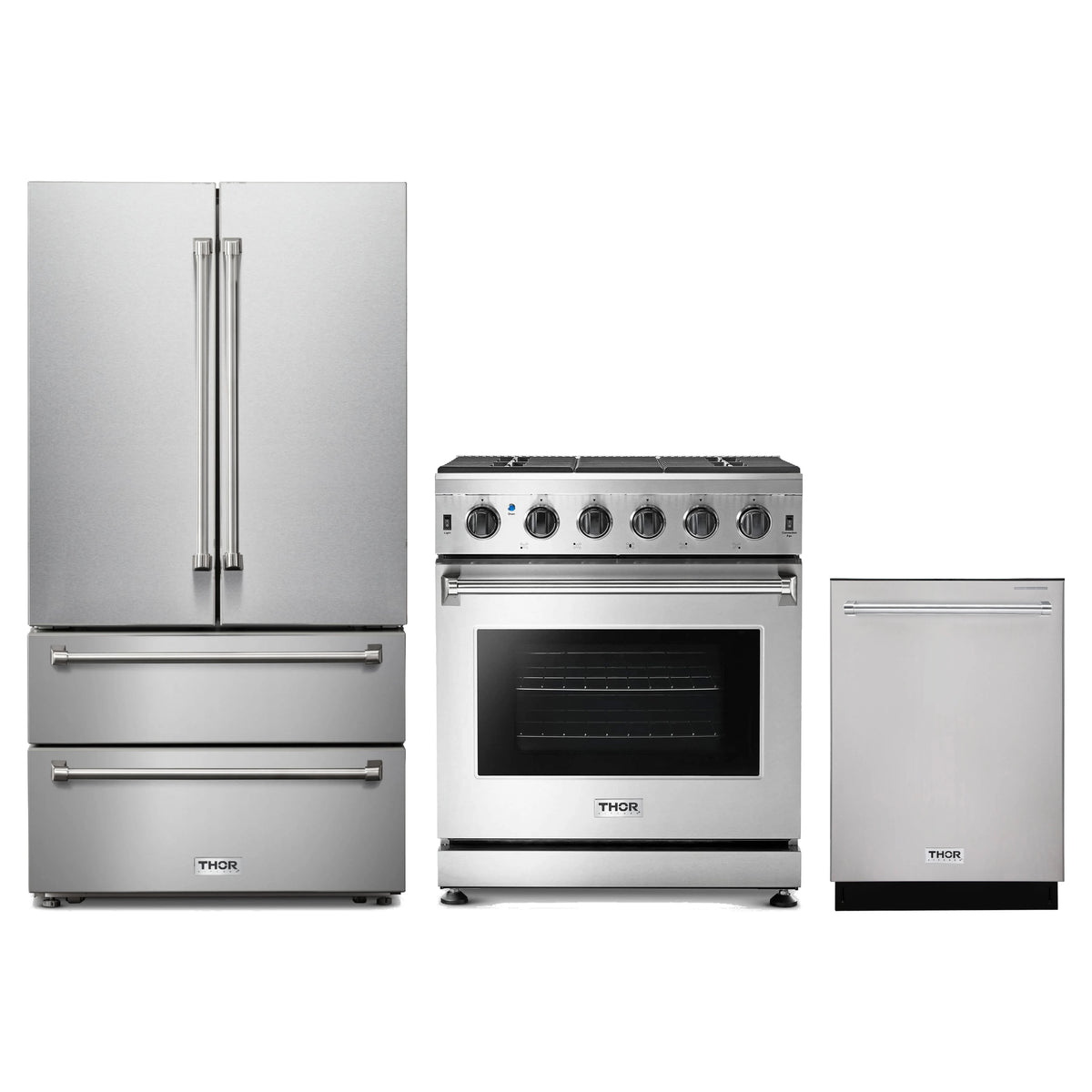 Thor Kitchen 3-Piece Appliance Package - 30-Inch Natural Gas Range, French Door Refrigerator, & Dishwasher in Stainless Steel
