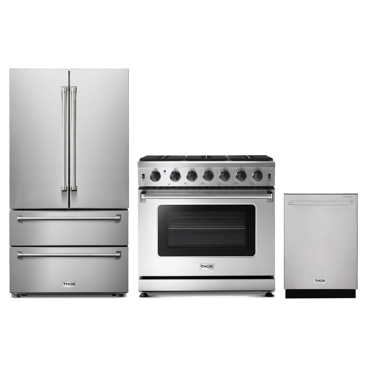 Thor Kitchen 3-Piece Appliance Package - 36-Inch Propane Gas Range, French Door Refrigerator, & Dishwasher in Stainless Steel