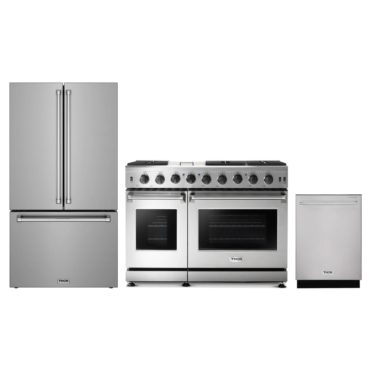Thor Kitchen 3-Piece Appliance Package - 48-Inch Natural Gas Range, Counter-Depth Refrigerator, & Dishwasher in Stainless Steel