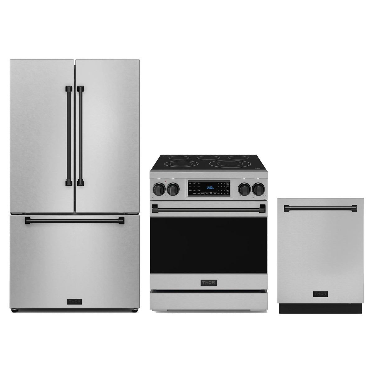 Gordon Ramsay by Thor Kitchen 3-Piece Appliance Package - 30-Inch Electric Range with Tilt Panel Touch Control, 36-Inch Refrigerator, and Dishwasher in Stainless Steel with Black Trim