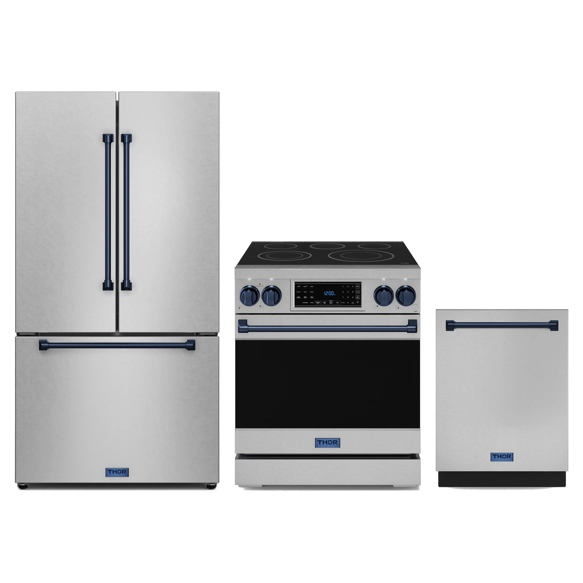 Gordon Ramsay by Thor Kitchen 3-Piece Appliance Package - 30-Inch Electric Range with Tilt Panel Touch Control, 36-Inch Refrigerator, and Dishwasher in Stainless Steel with Blue Trim
