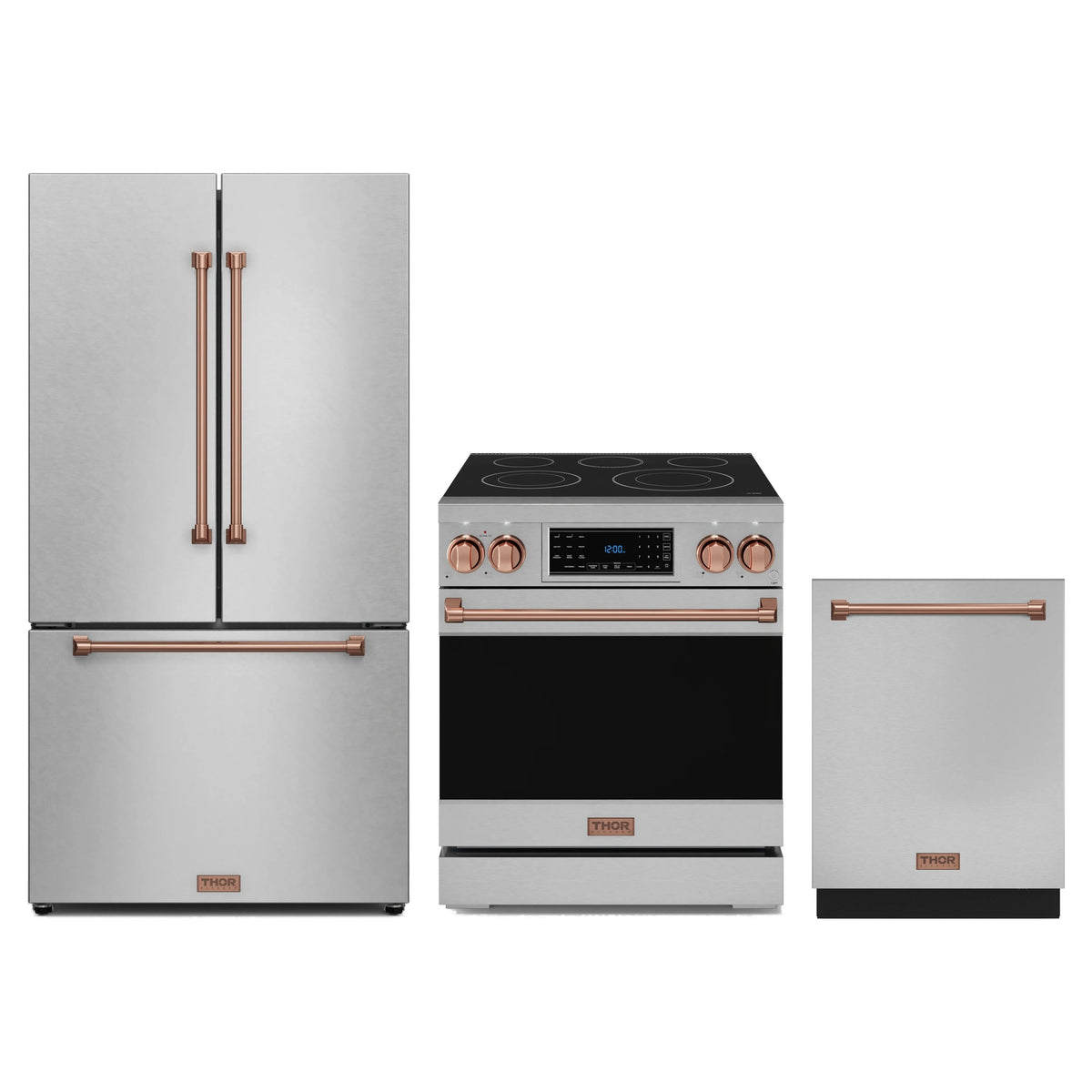 Gordon Ramsay by Thor Kitchen 3-Piece Appliance Package - 30-Inch Electric Range with Tilt Panel Touch Control, 36-Inch Refrigerator, and Dishwasher in Stainless Steel with Rose Gold Trim