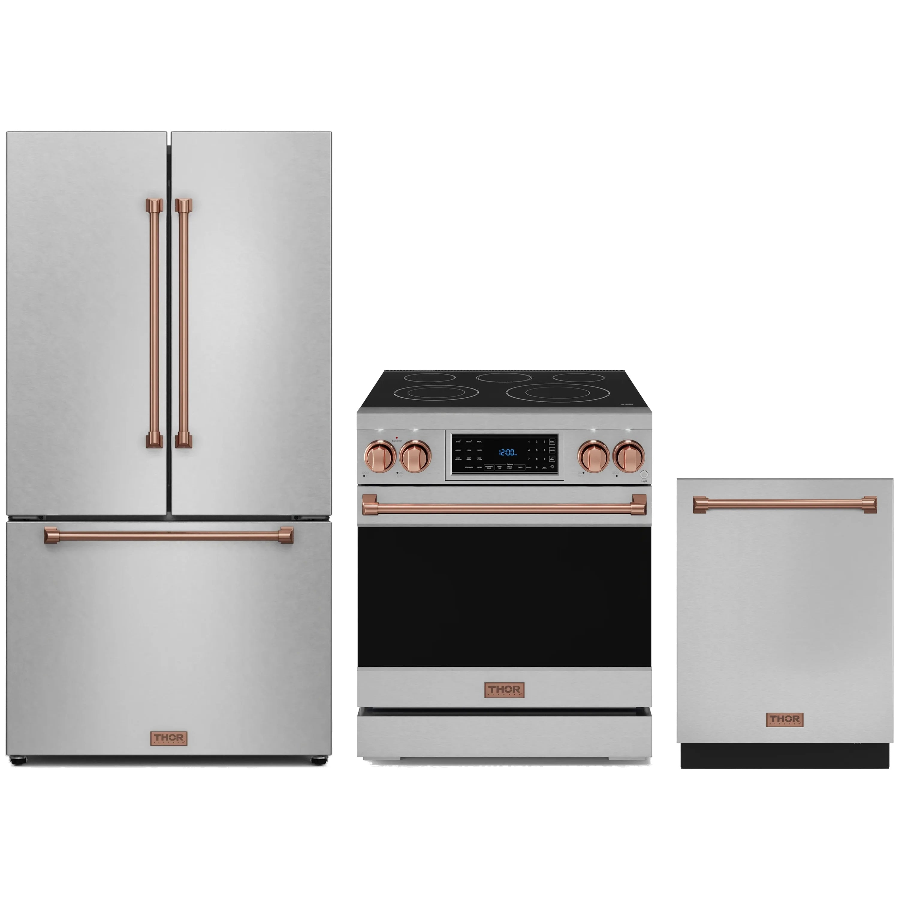 3-piece stainless appliance package with rose gold trim: fridge, electric range, dishwasher