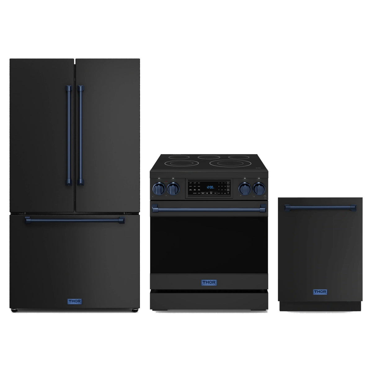 Gordon Ramsay by Thor Kitchen 3-Piece Appliance Package - 30-Inch Electric Range with Tilt Panel Touch Control, 36-Inch Refrigerator, and Dishwasher in Matte Black with Blue Trim