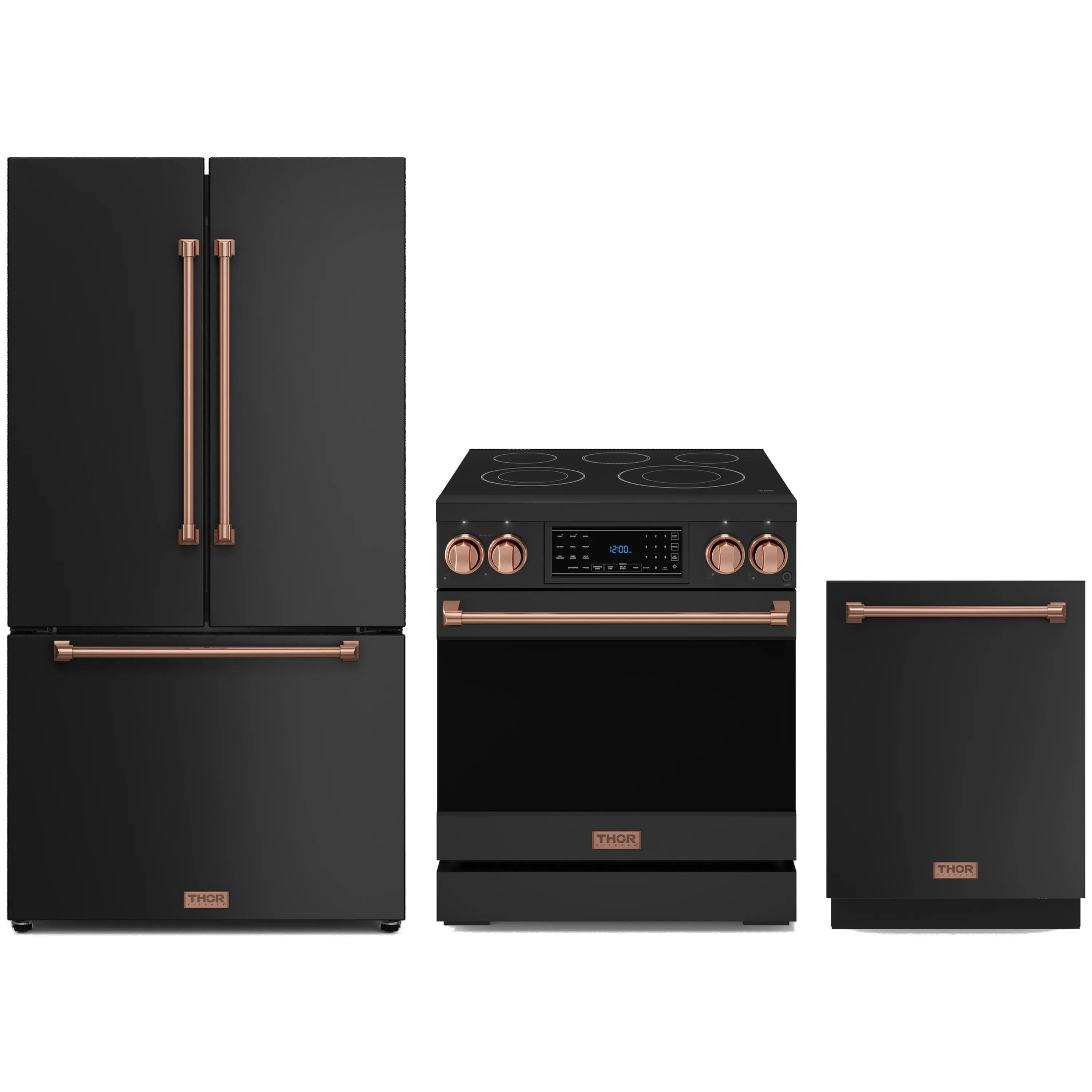 Black 3-piece kitchen appliance set: electric range, refrigerator, and dishwasher with rose gold trim