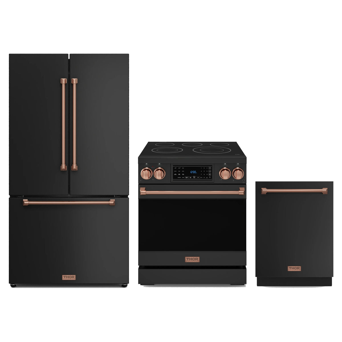 Gordon Ramsay by Thor Kitchen 3-Piece Appliance Package - 30-Inch Electric Range with Tilt Panel Touch Control, 36-Inch Refrigerator, and Dishwasher in Matte Black with Rose Gold Trim