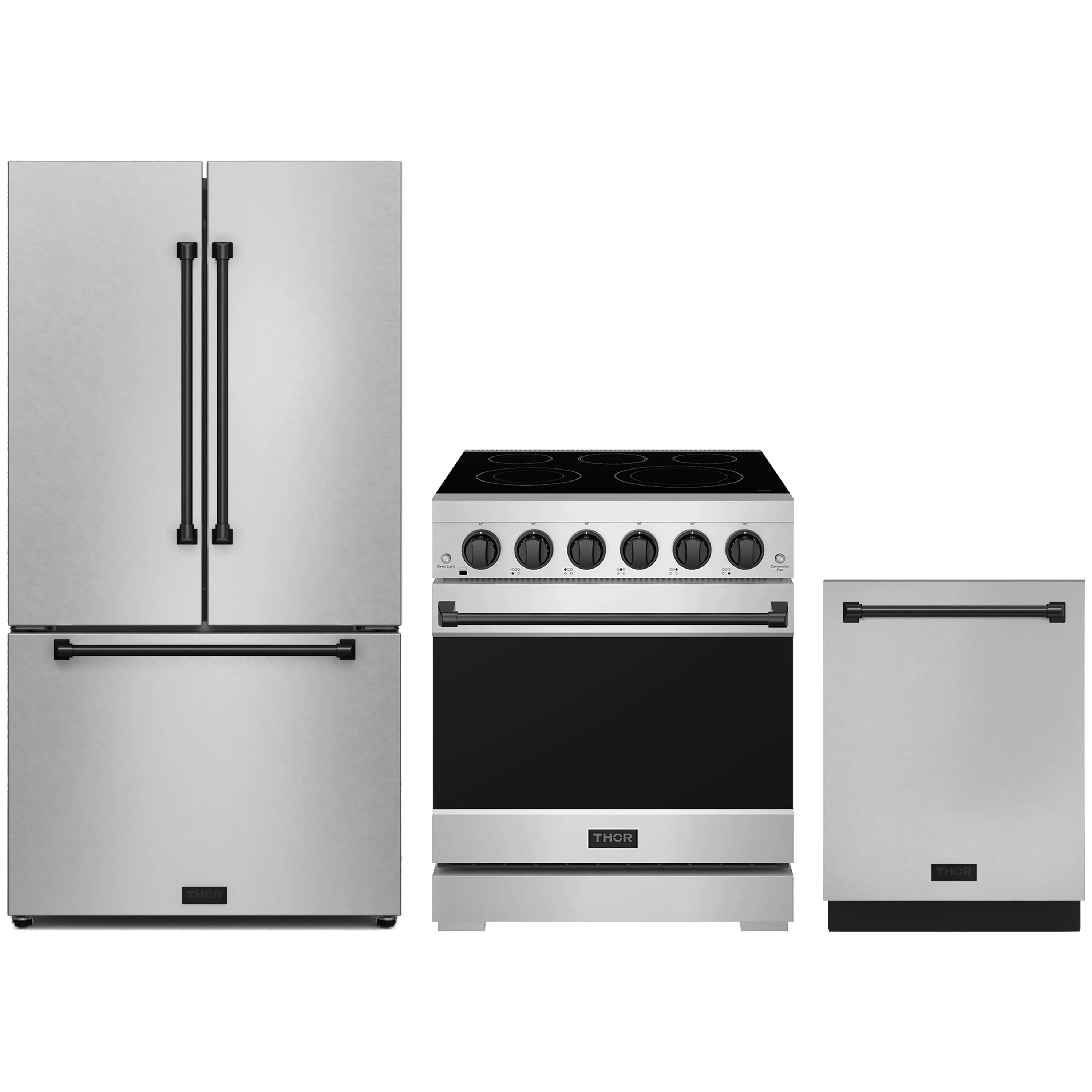 3-piece kitchen appliance package: stainless electric range, refrigerator, and dishwasher with black trim