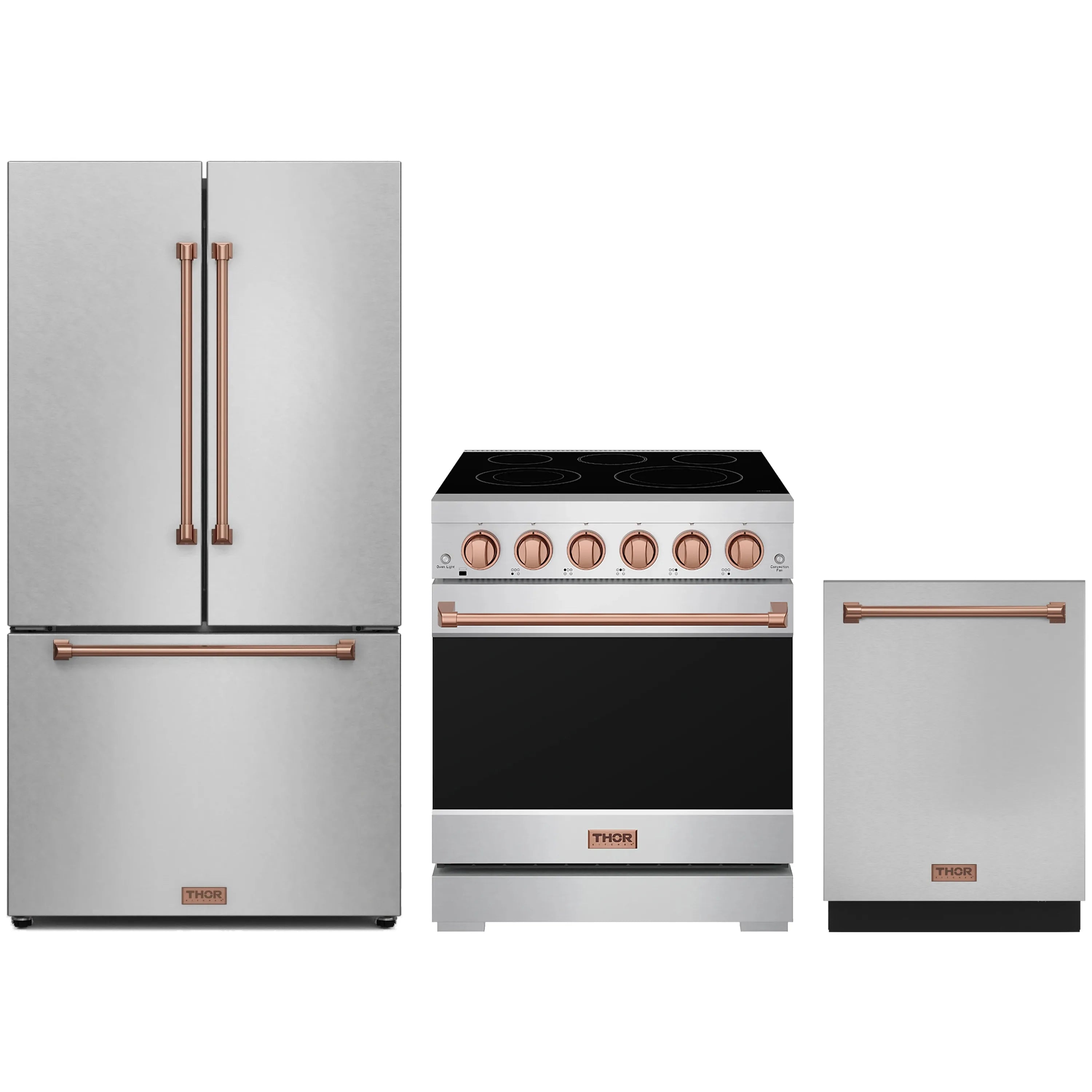 Stainless steel 3-piece kitchen appliance set with rose gold trim: refrigerator, range, dishwasher