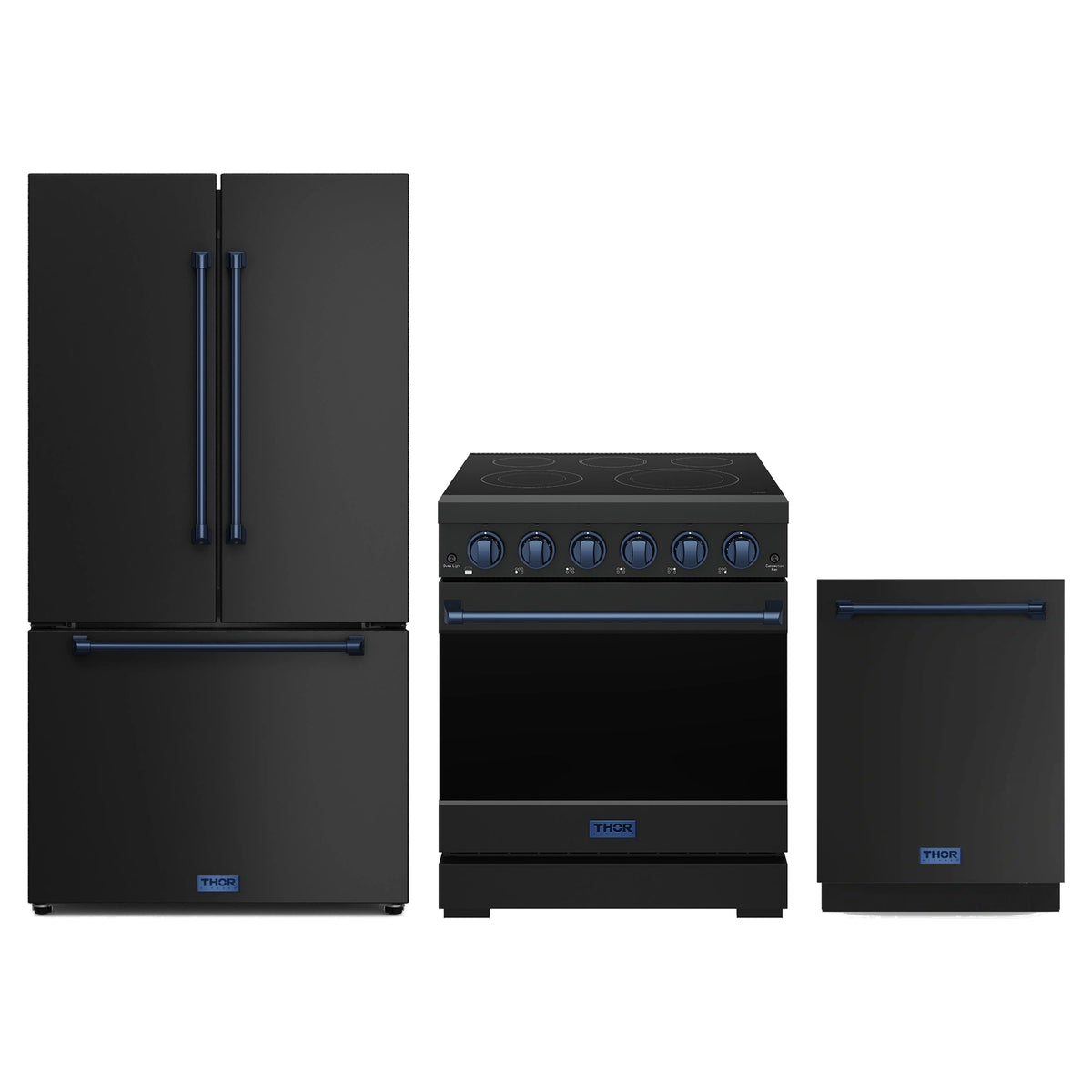 Gordon Ramsay by Thor Kitchen 3-Piece Appliance Package - 30-Inch Electric Range, Counter-Depth Refrigerator, & Dishwasher in Matte Black with Blue Trim