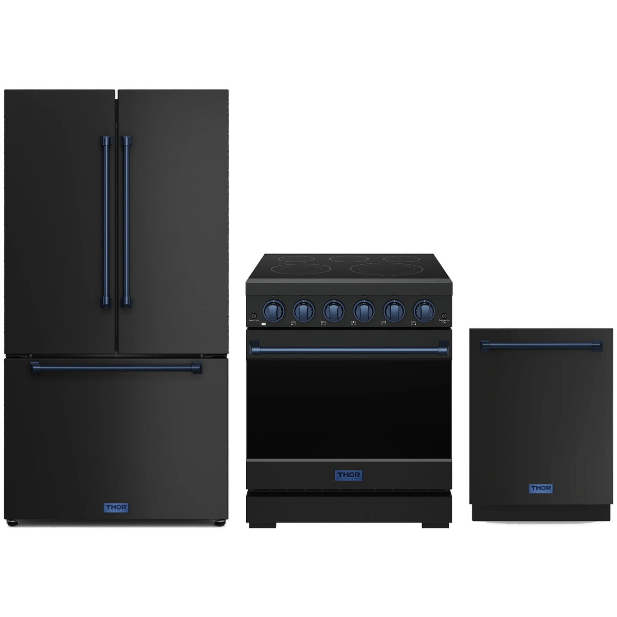 Black Gordon Ramsay by Thor Kitchen appliance package with blue trim: 30-inch electric range, French door refrigerator, dishwasher