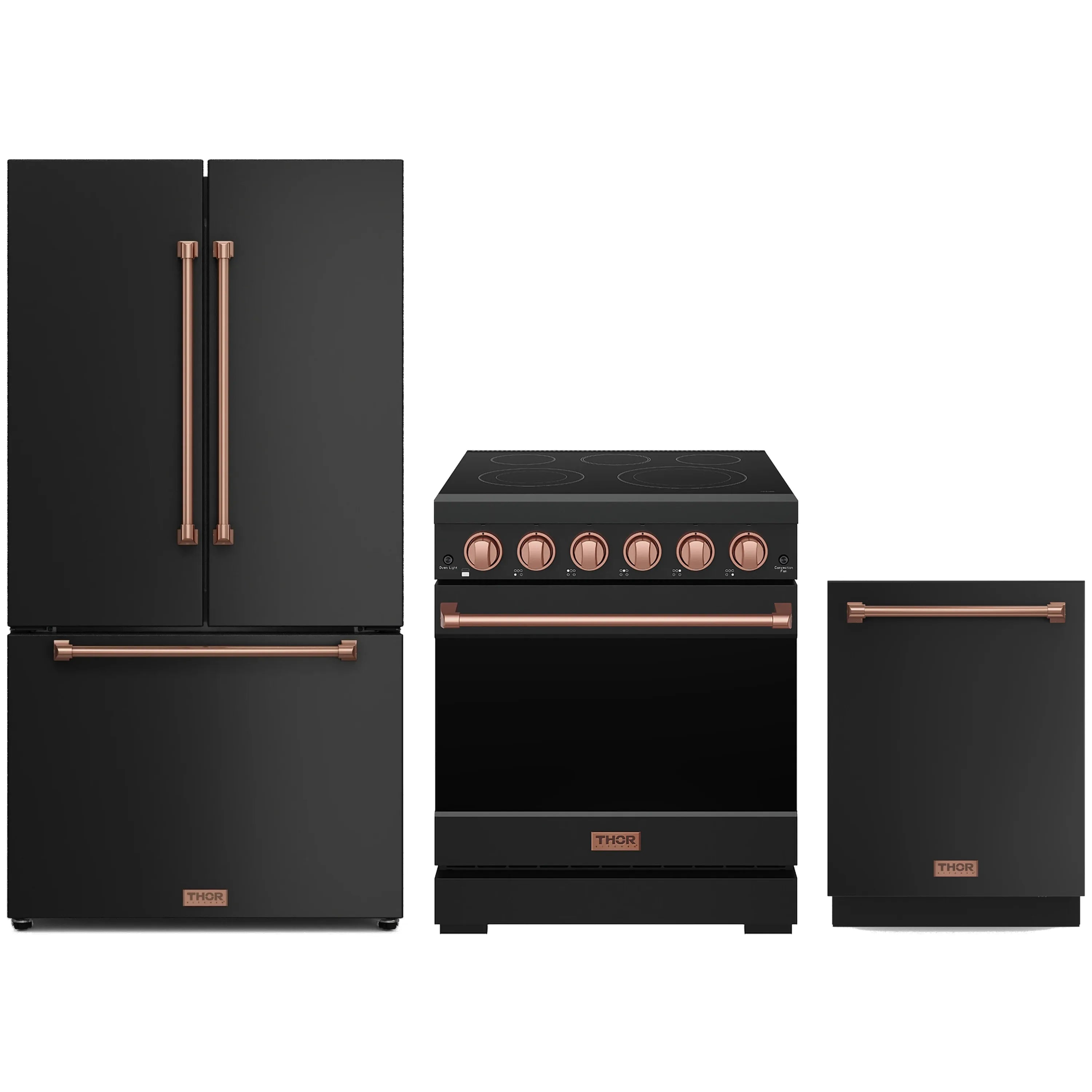 3-piece black appliance package: electric range, counter-depth refrigerator, and dishwasher