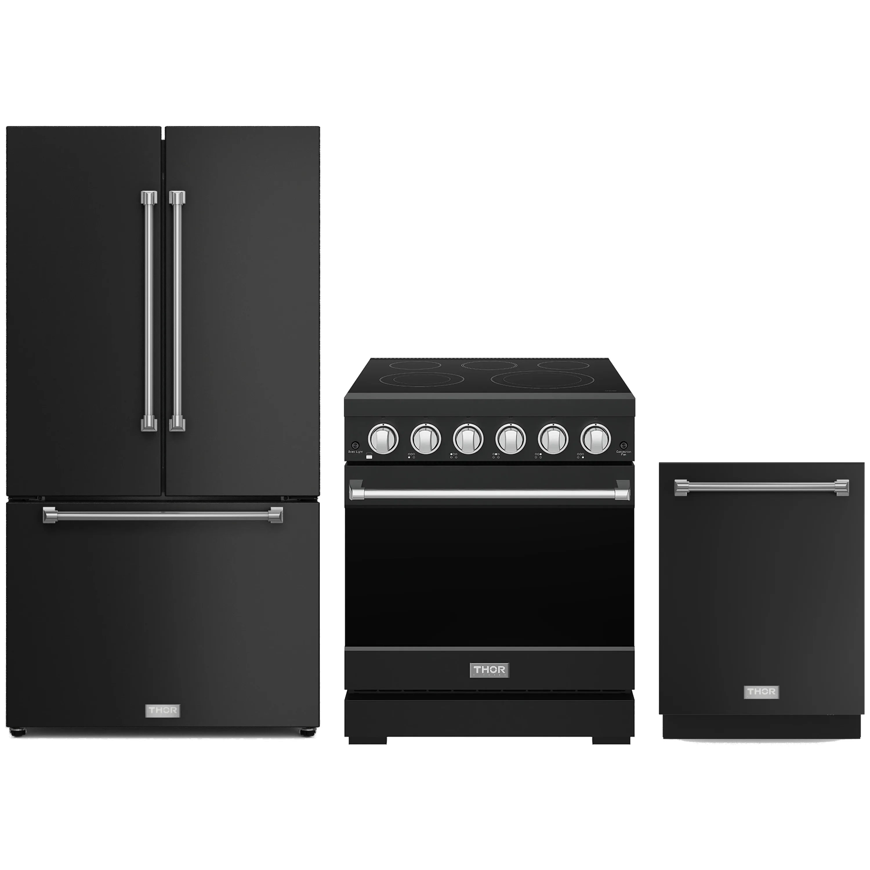 Black 3-piece kitchen appliance package with electric range, counter-depth refrigerator, dishwasher