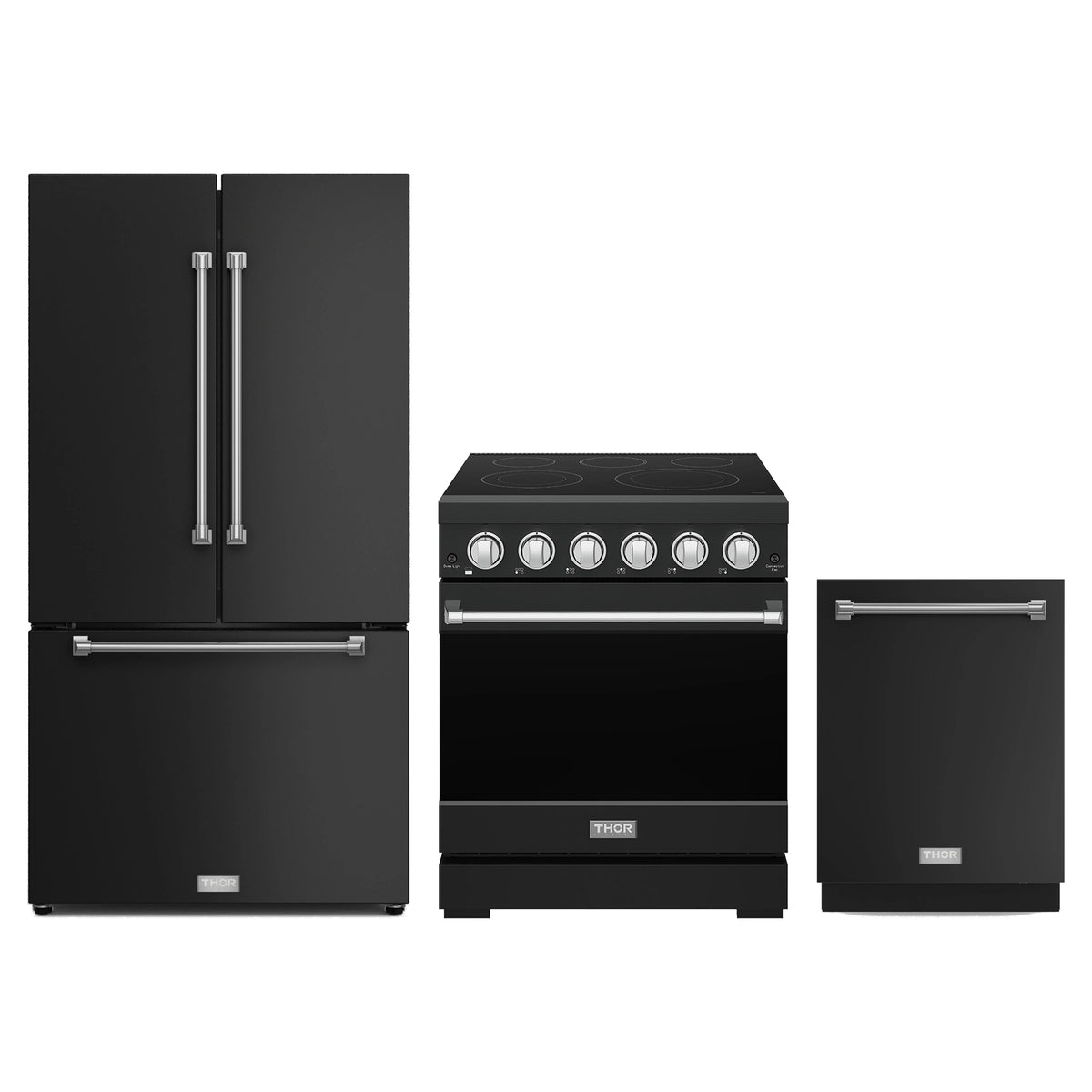 Gordon Ramsay by Thor Kitchen 3-Piece Appliance Package - 30-Inch Electric Range, Counter-Depth Refrigerator, & Dishwasher in Matte Black with Stainless Steel Trim