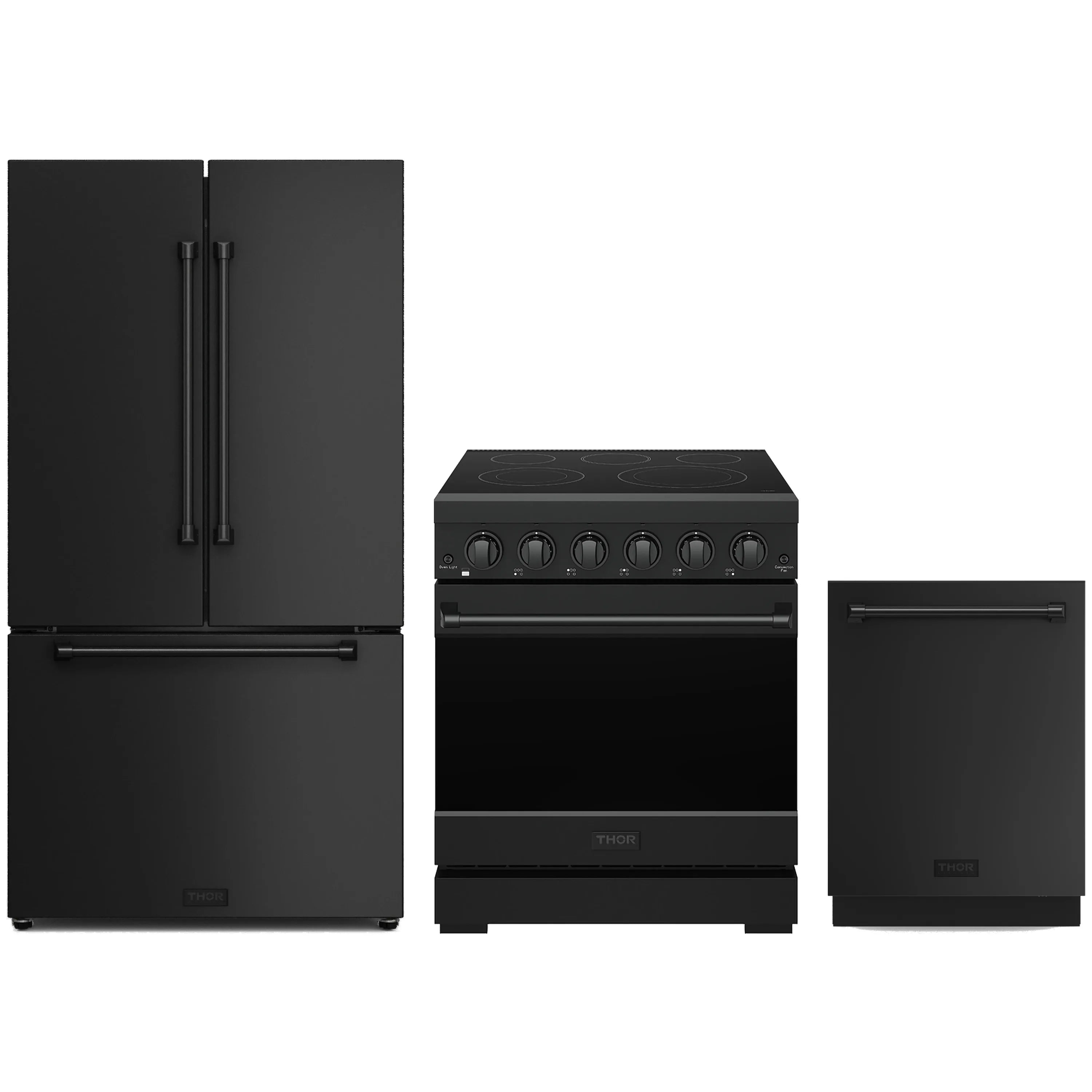 Black appliance package: refrigerator, electric range, and dishwasher, front views.