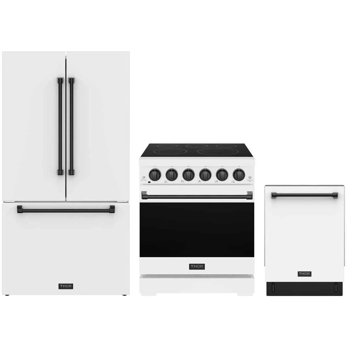 White Gordon Ramsay by Thor Kitchen appliance package with 30-inch electric range, counter-depth refrigerator, dishwasher