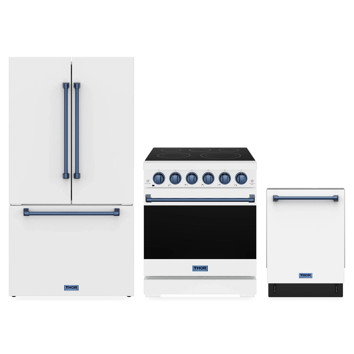 Gordon Ramsay by Thor Kitchen 3-Piece Appliance Package - 30-Inch Electric Range, Counter-Depth Refrigerator, & Dishwasher in White with Blue Trim