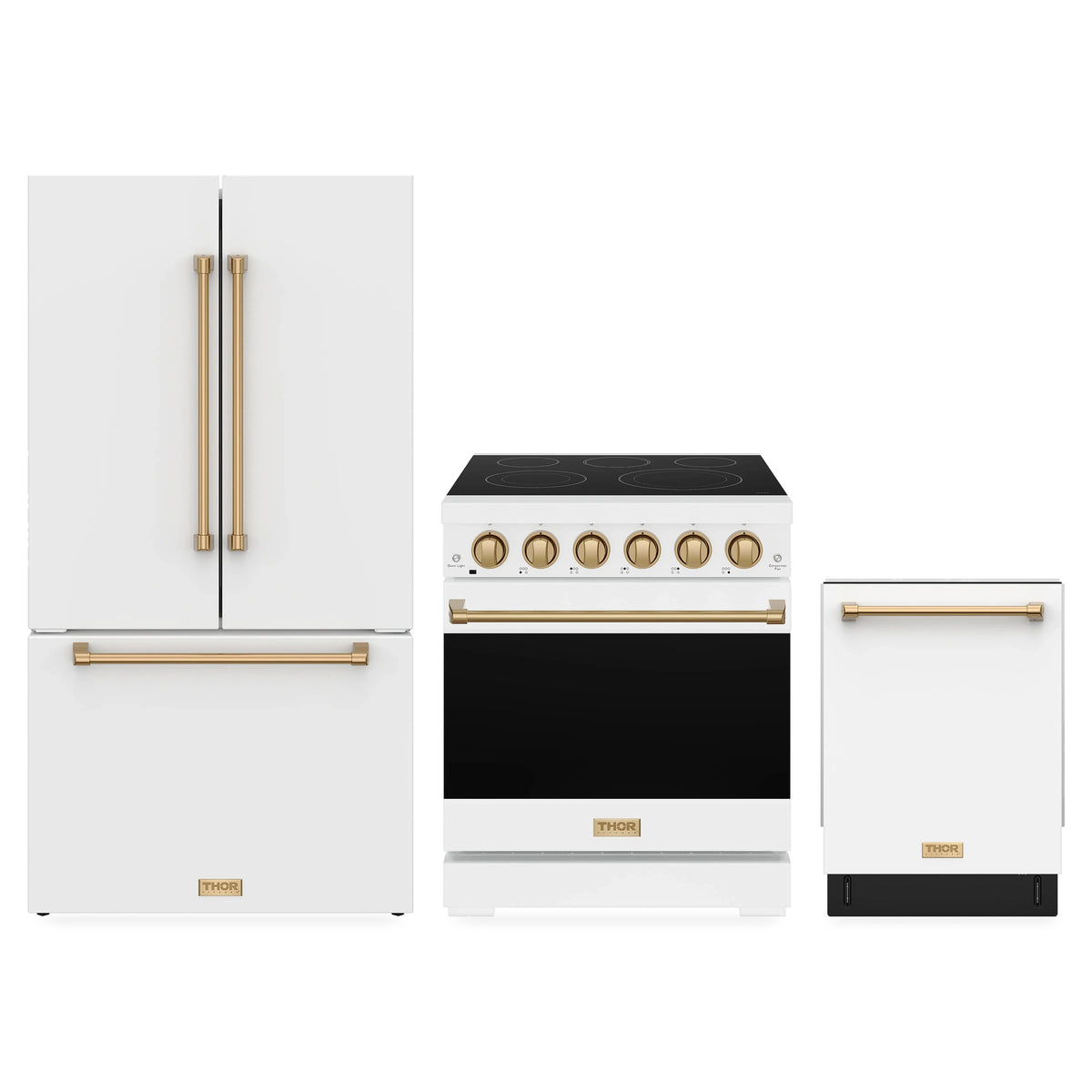 Gordon Ramsay by Thor Kitchen 3-Piece Appliance Package - 30-Inch Electric Range, Counter-Depth Refrigerator, & Dishwasher in White with Bronze Trim