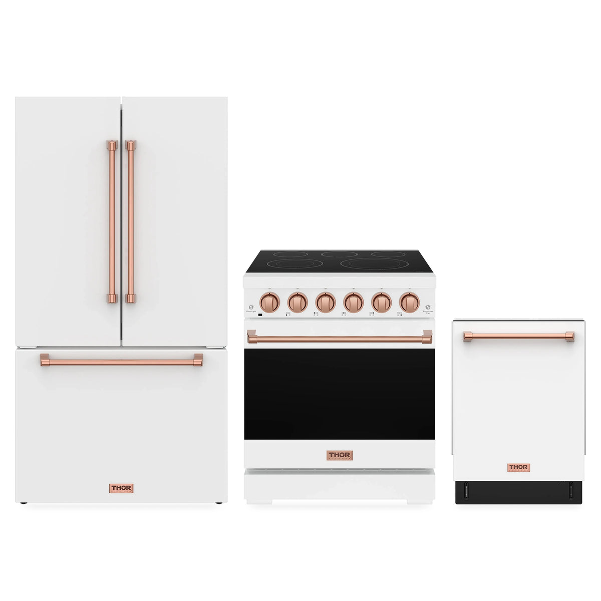 Gordon Ramsay by Thor Kitchen 3-Piece Appliance Package - 30-Inch Electric Range, Counter-Depth Refrigerator, & Dishwasher in White with Rose Gold Trim