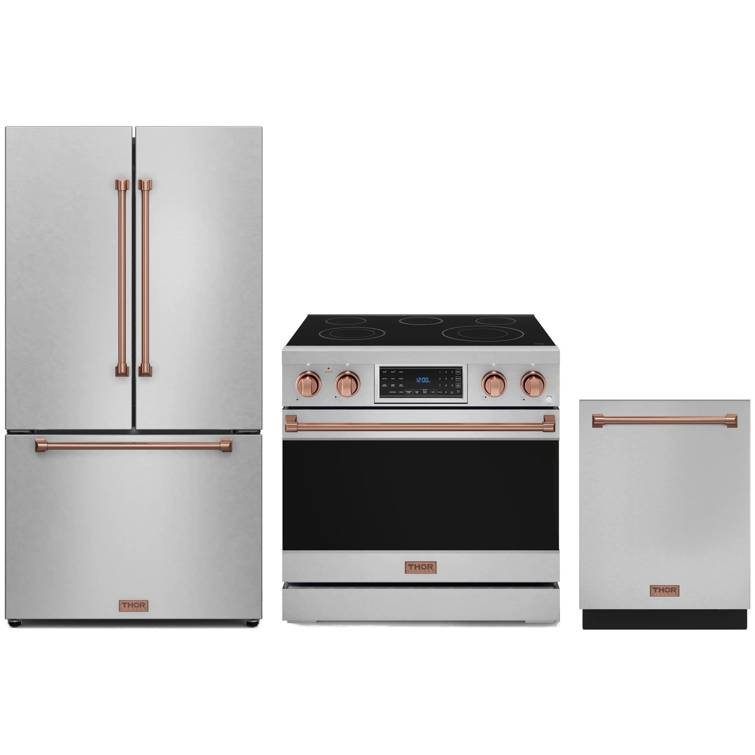 Stainless kitchen appliance package with rose gold handles: fridge, electric range, dishwasher