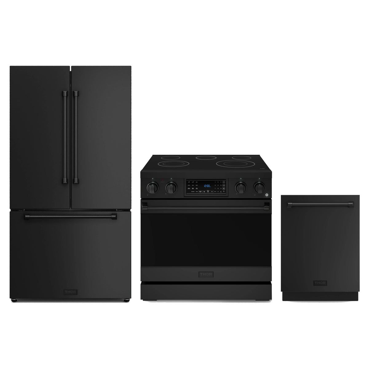 Gordon Ramsay by Thor Kitchen 3-Piece Appliance Package - 36-Inch Electric Range with Tilt Panel Touch Control, 36-Inch Refrigerator, and Dishwasher in Matte Black