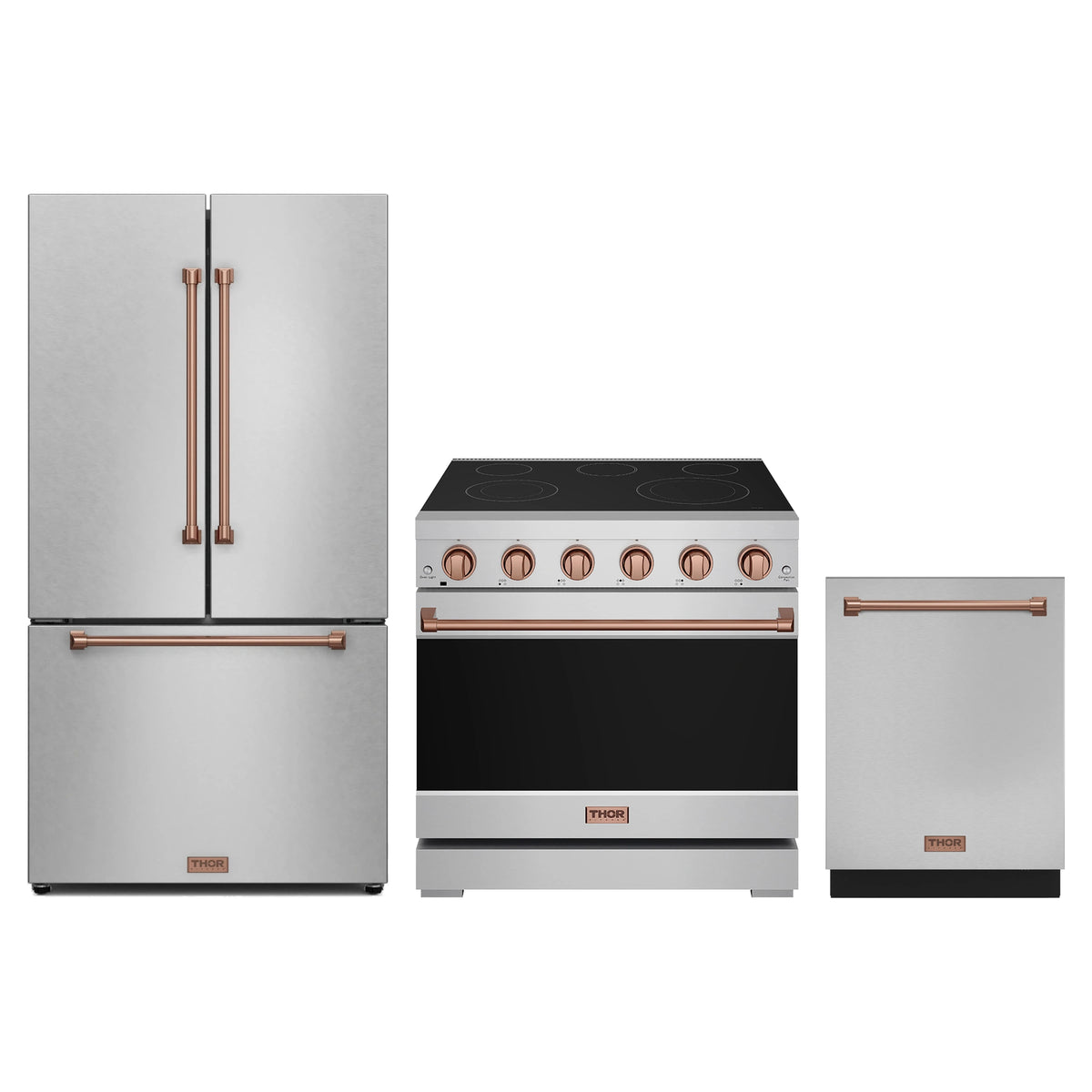 Gordon Ramsay by Thor Kitchen 3-Piece Appliance Package - 36-Inch Electric Range, Counter-Depth Refrigerator, & Dishwasher in Stainless Steel with Rose Gold Trim