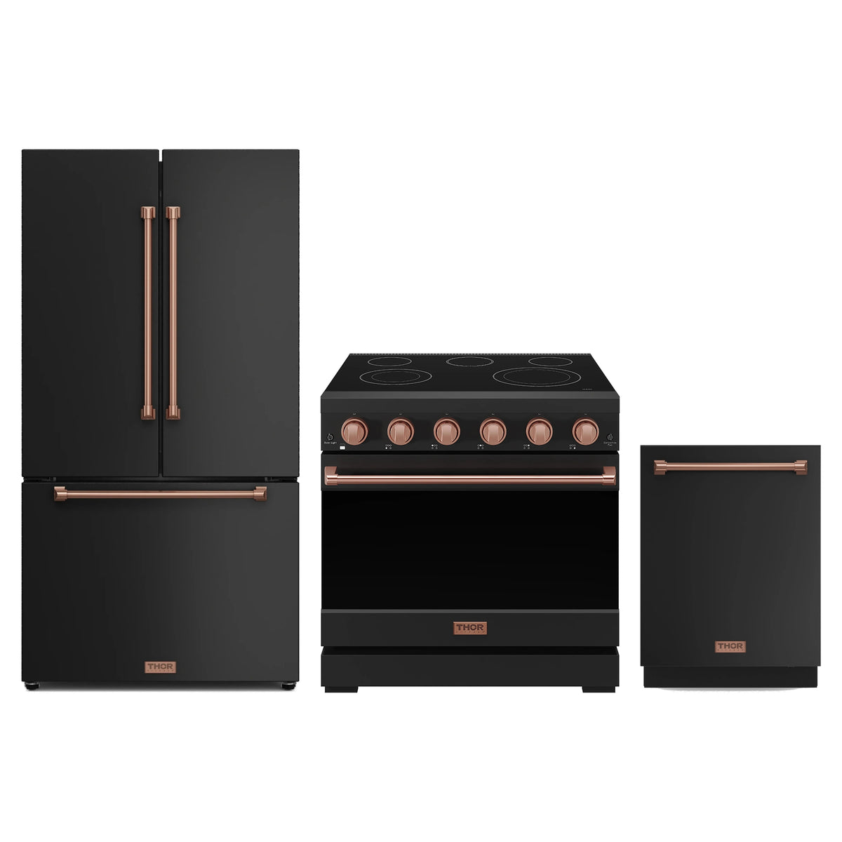 Gordon Ramsay by Thor Kitchen 3-Piece Appliance Package - 36-Inch Electric Range, Counter-Depth Refrigerator, & Dishwasher in Matte Black with Rose Gold Trim