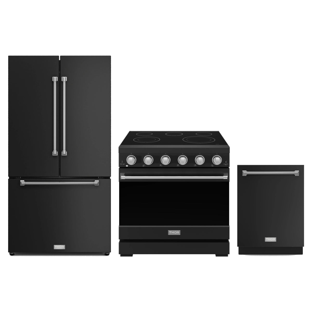 Gordon Ramsay by Thor Kitchen 3-Piece Appliance Package - 36-Inch Electric Range, Counter-Depth Refrigerator, & Dishwasher in Matte Black with Stainless Steel Trim