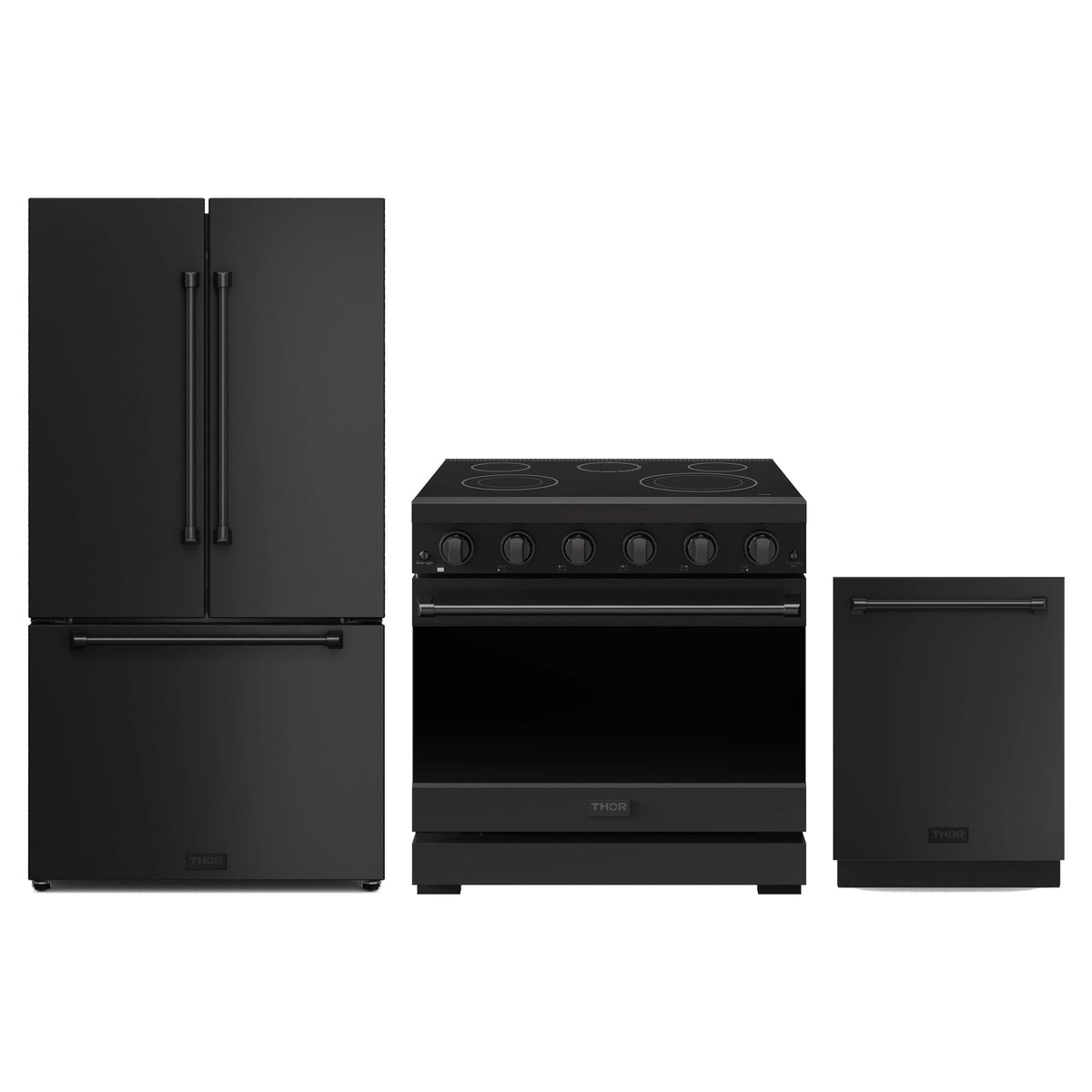 Gordon Ramsay by Thor Kitchen 3-Piece Appliance Package - 36-Inch Electric Range, Counter-Depth Refrigerator, & Dishwasher in Matte Black