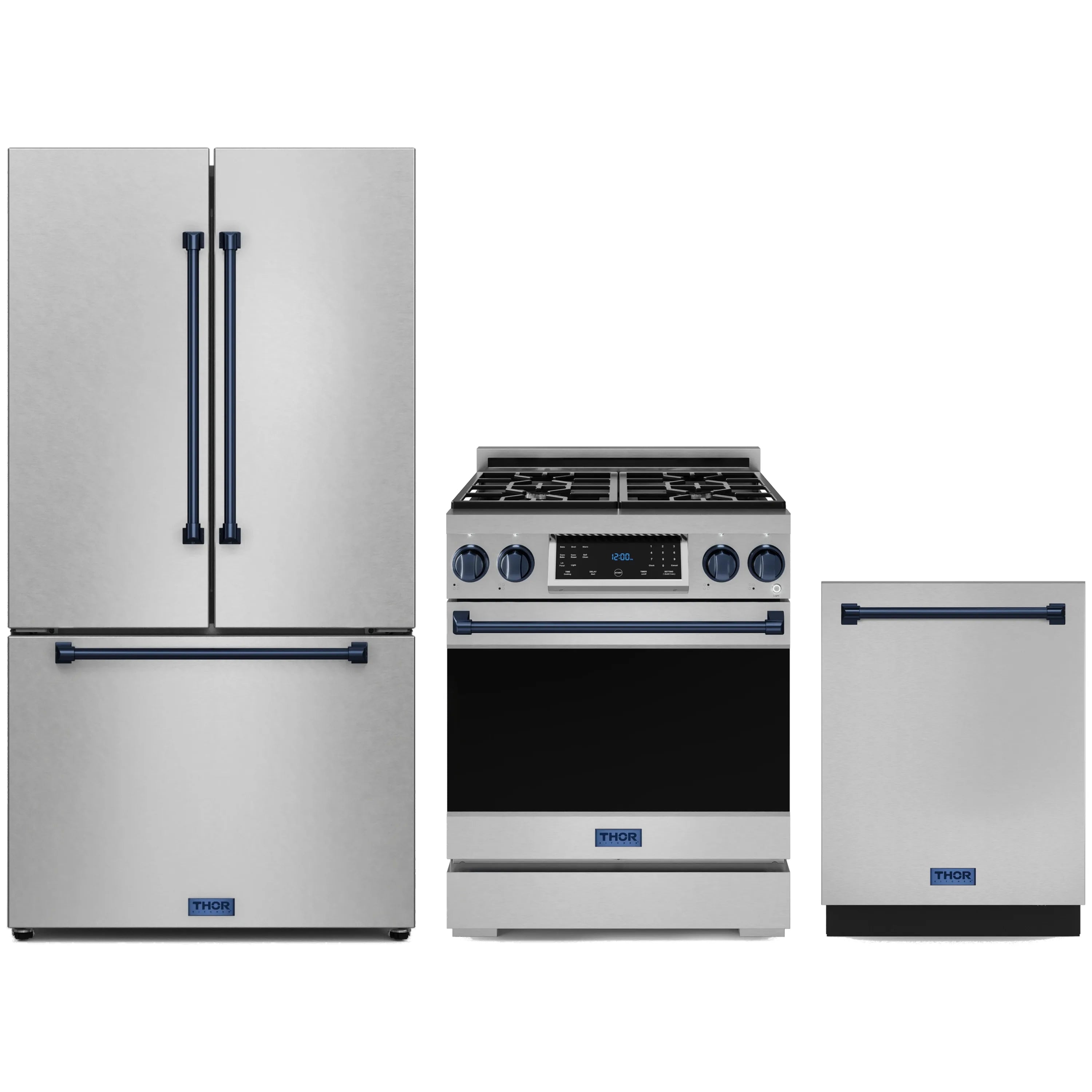Stainless appliance bundle with blue trim: side-by-side refrigerator, gas range, and dishwasher