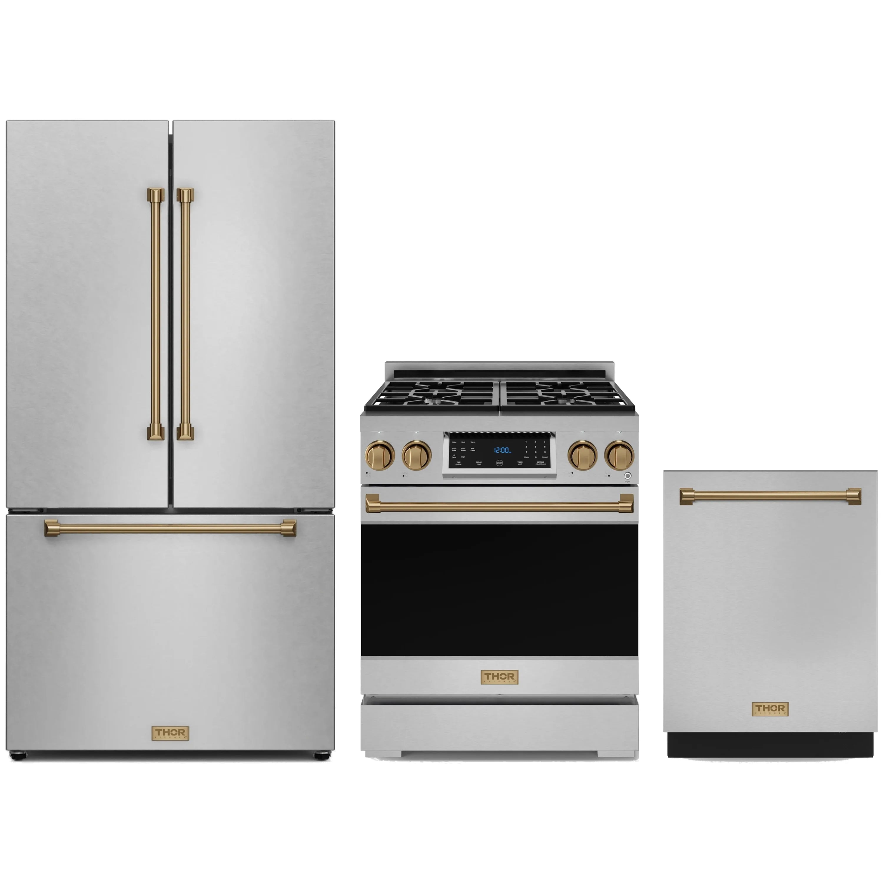 3-piece stainless steel kitchen appliance package with bronze trim: range, fridge, dishwasher