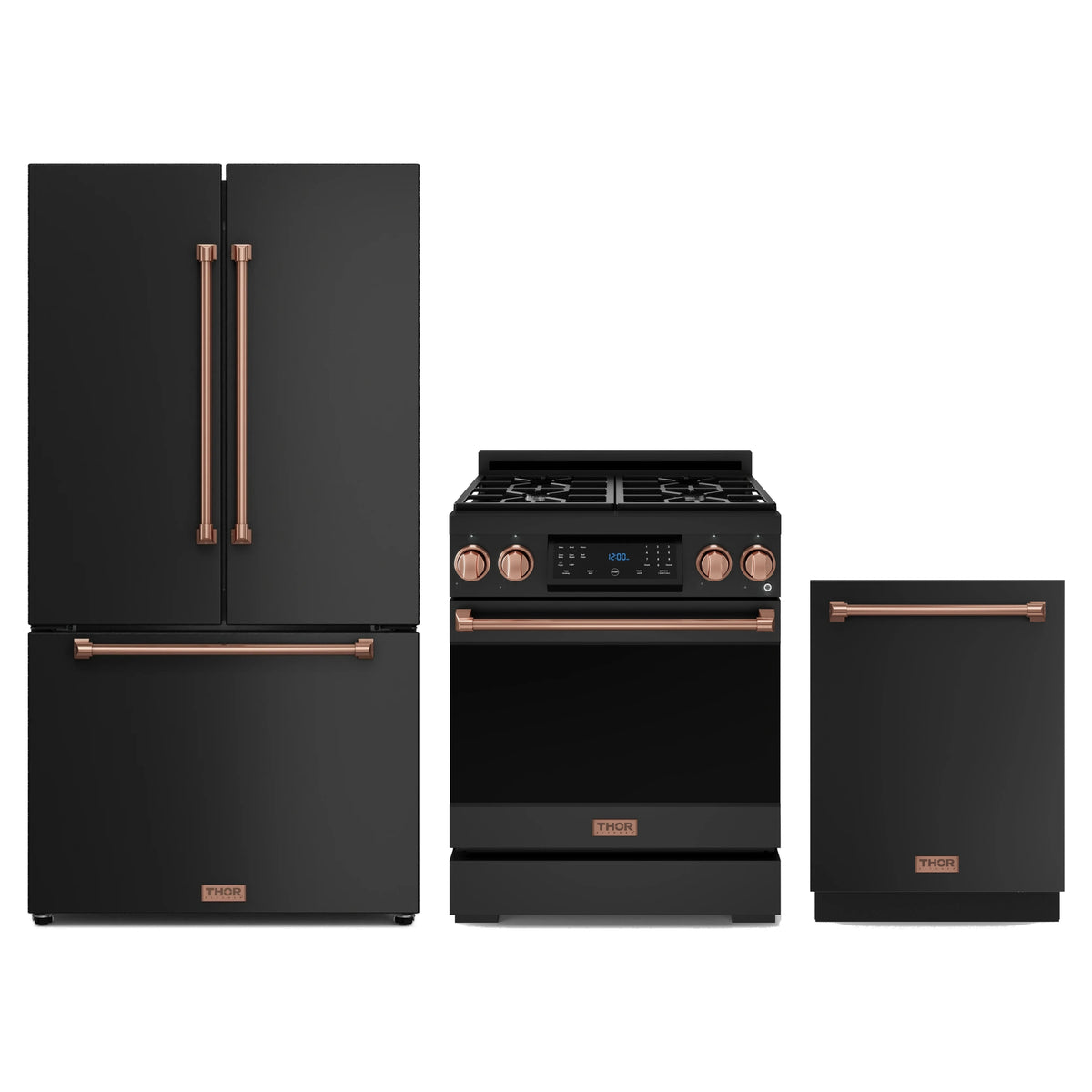 Gordon Ramsay by Thor Kitchen 3-Piece Appliance Package - 30-Inch Gas Range with Tilt Panel, 36-Inch Refrigerator, and Dishwasher in Matte Black with Rose Gold Trim