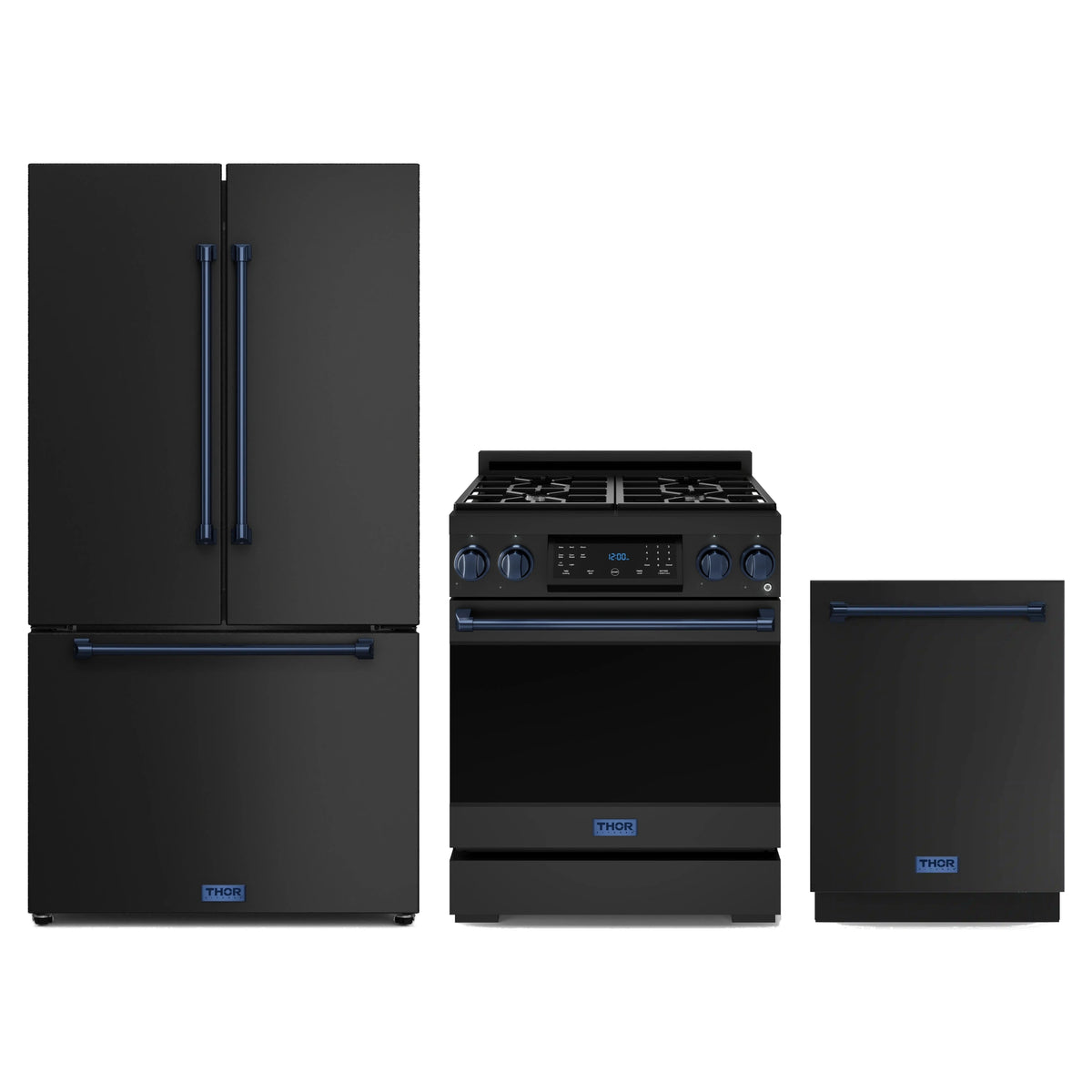 Gordon Ramsay by Thor Kitchen 3-Piece Appliance Package - 30-Inch Propane Gas Range, Tilt Panel, 36-Inch Refrigerator, and Dishwasher in Matte Black with Blue Trim