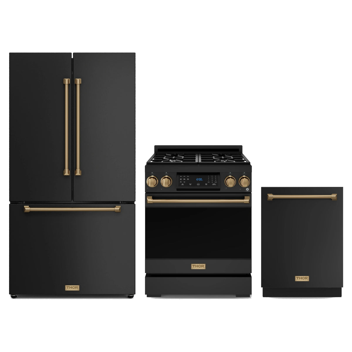 Gordon Ramsay by Thor Kitchen 3-Piece Appliance Package - 30-Inch Propane Gas Range, Tilt Panel, 36-Inch Refrigerator, and Dishwasher in Matte Black with Bronze Trim