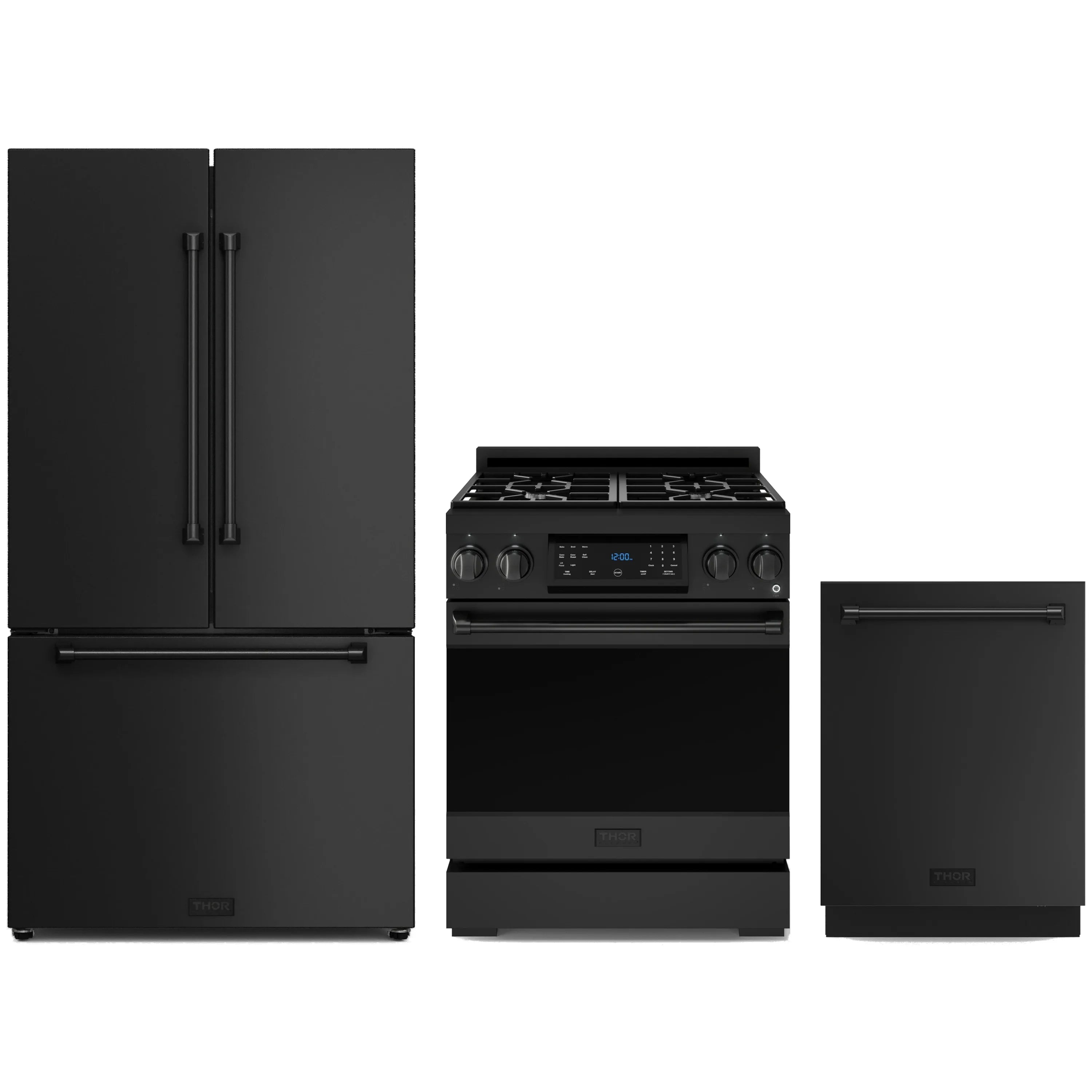 3-piece black appliance package with refrigerator, propane gas range, and dishwasher