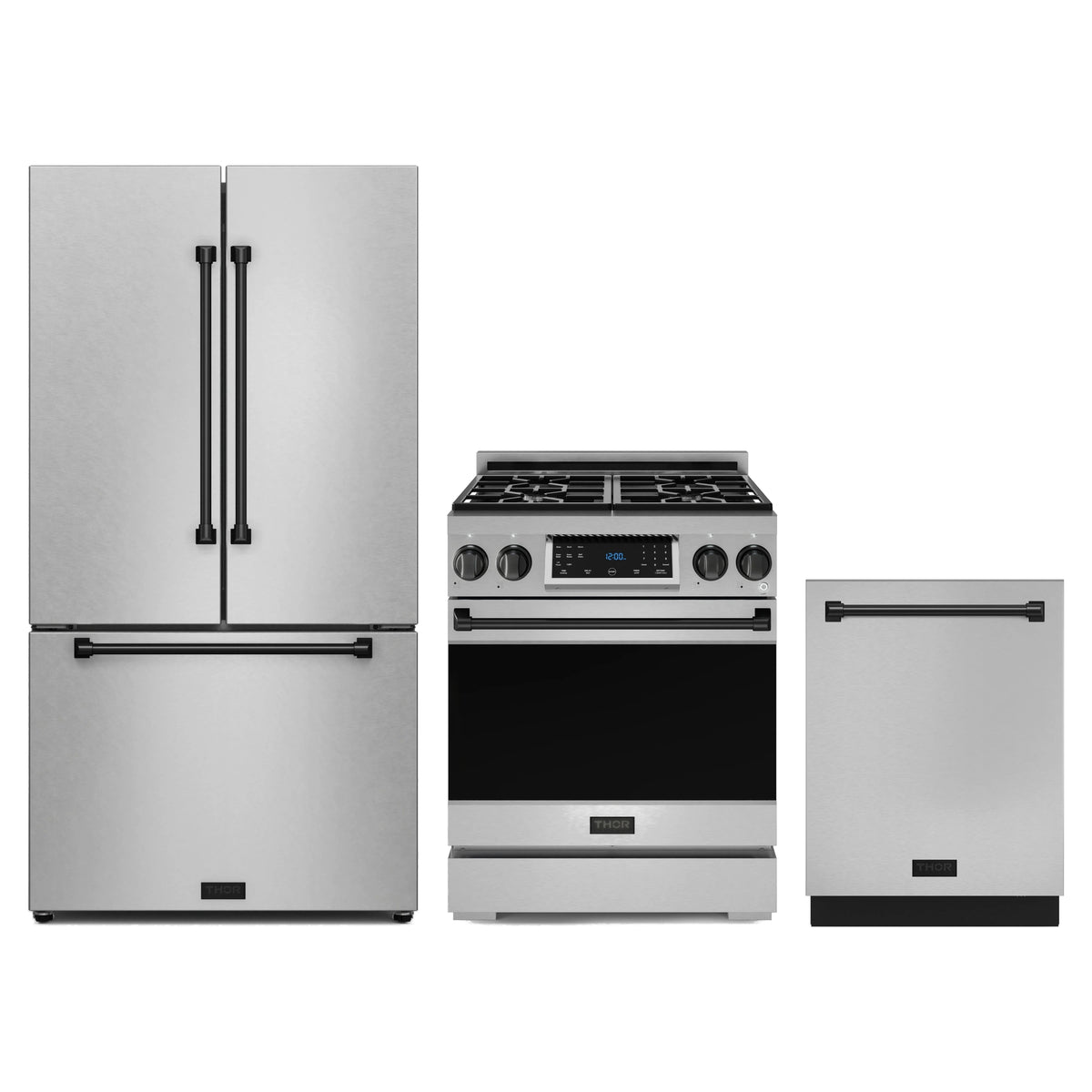 Gordon Ramsay by Thor Kitchen 3-Piece Appliance Package - 30-Inch Propane Gas Range, Tilt Panel, 36-Inch Refrigerator, and Dishwasher in Stainless Steel with Black Trim