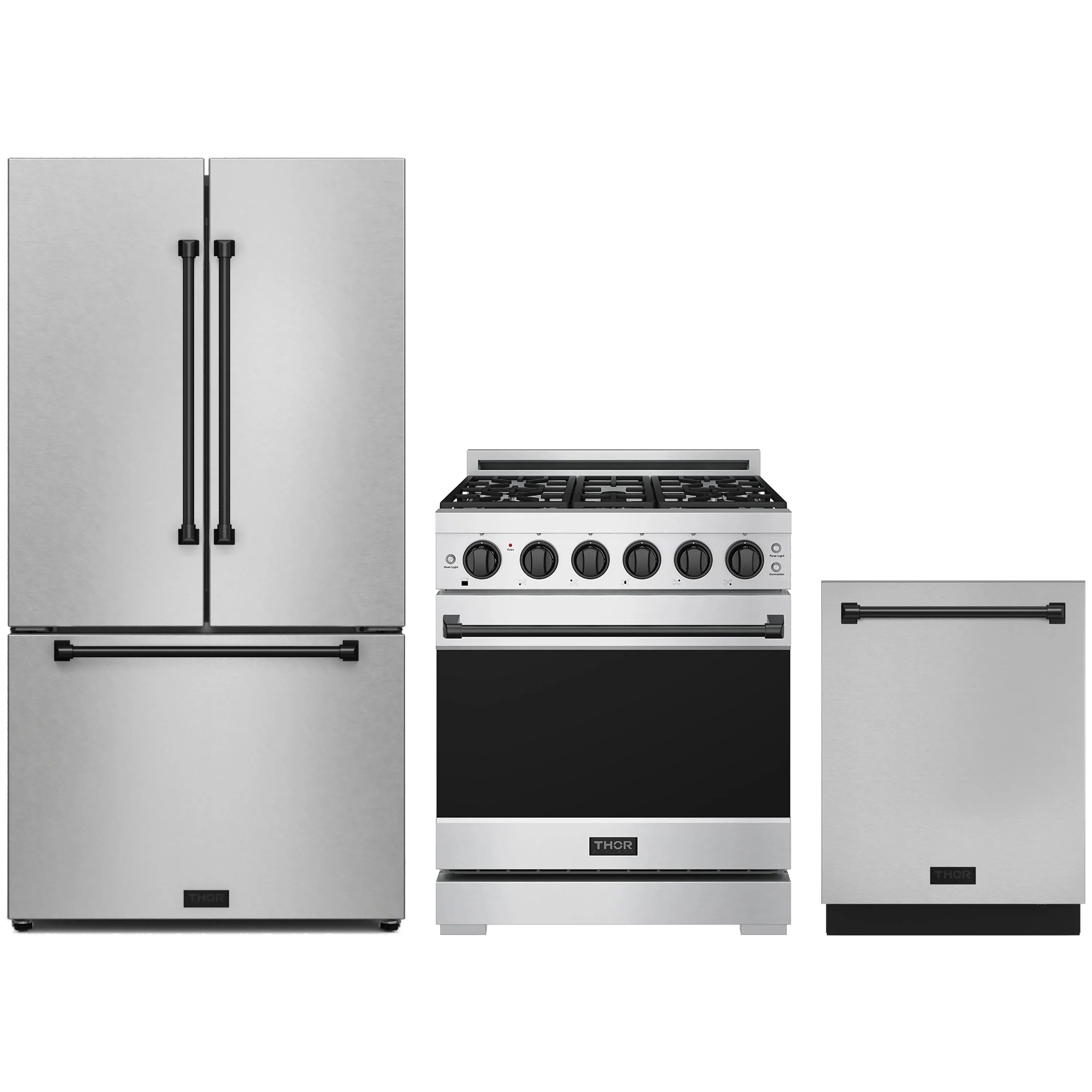 Stainless steel 3-piece appliance package with refrigerator, gas range, and dishwasher