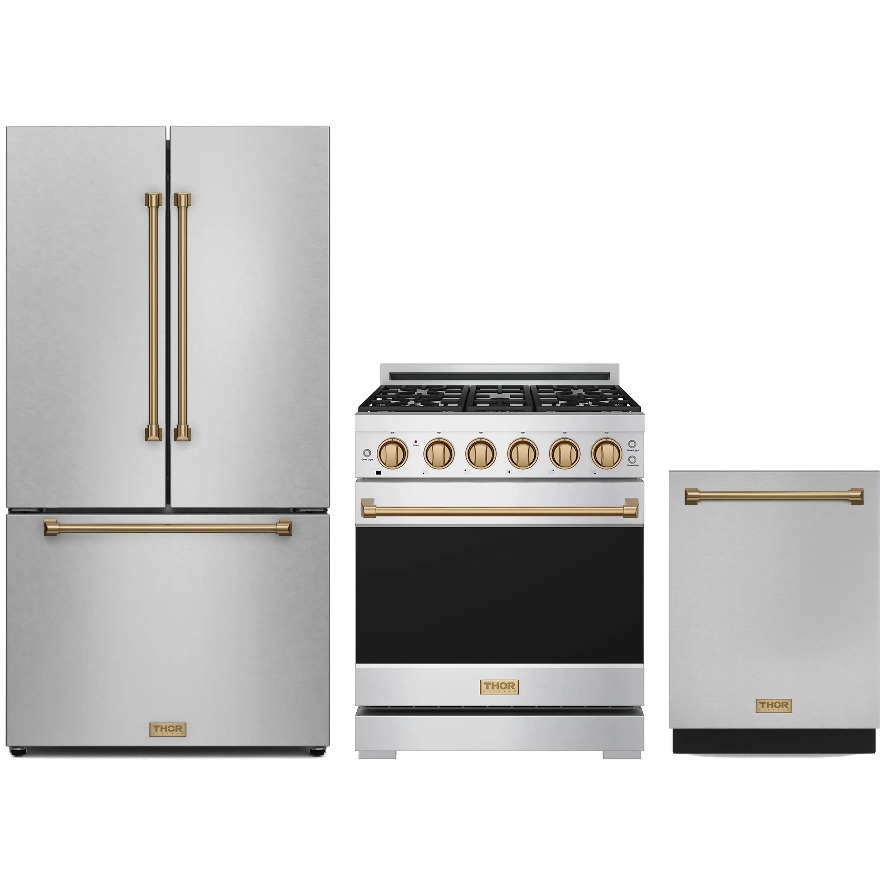 Stainless steel 3-piece appliance package with bronze trim: gas range, fridge, dishwasher