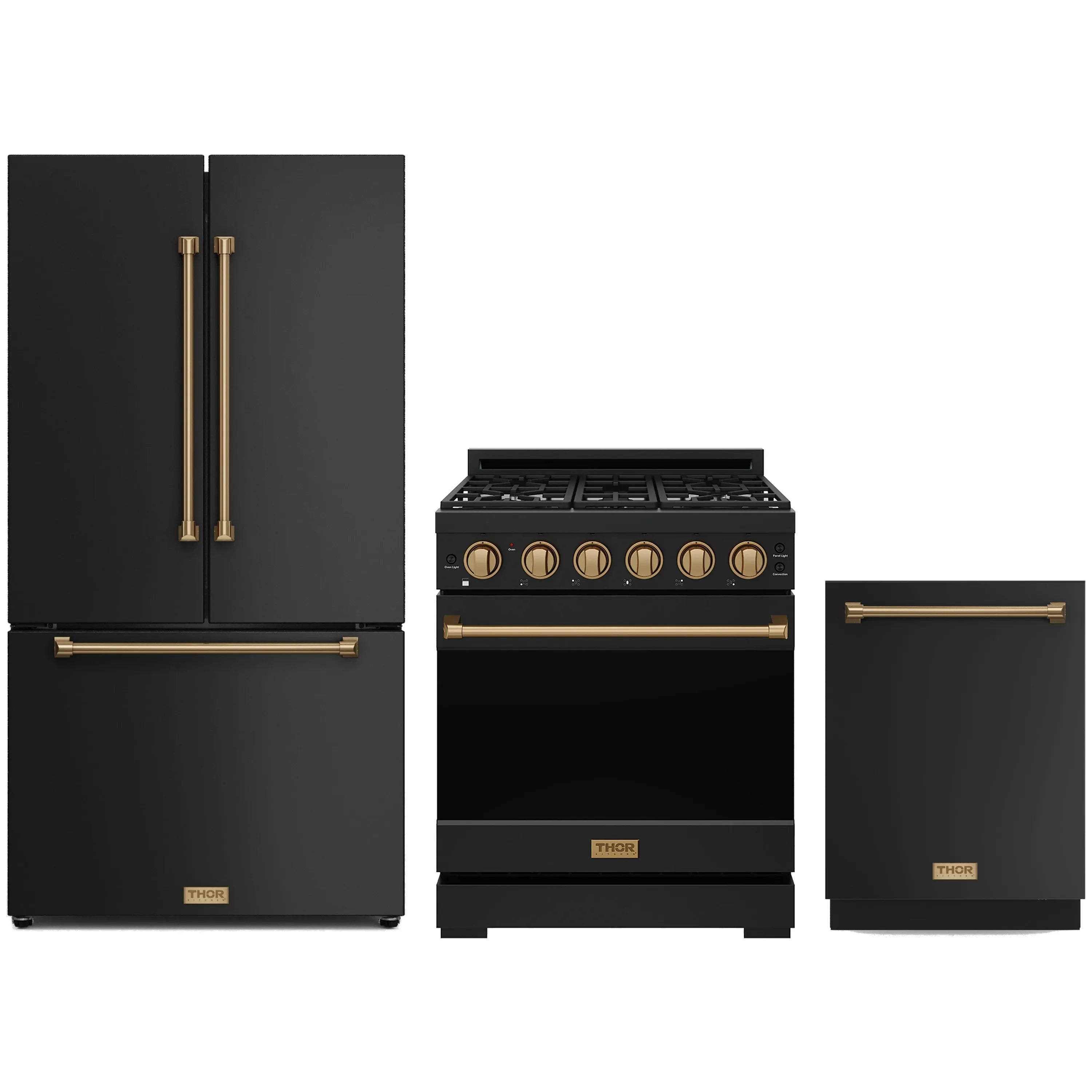Black appliance package set with bronze-trim range and matching refrigerator and dishwasher