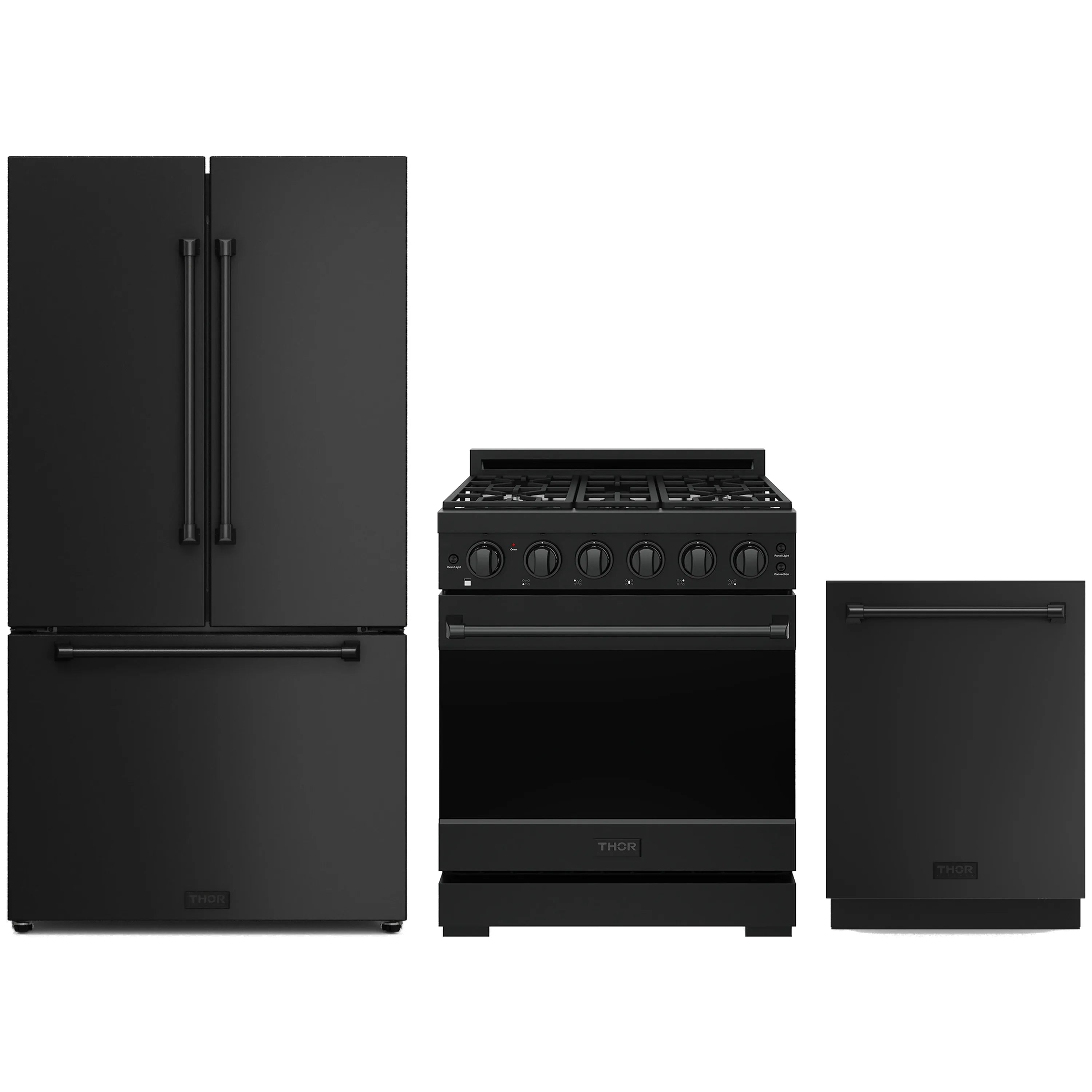 Black 3-piece appliance package: propane range, refrigerator, and dishwasher