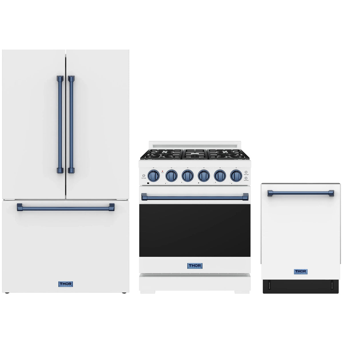 White Gordon Ramsay by Thor Kitchen appliance package with 30-inch natural gas range, French door refrigerator, dishwasher