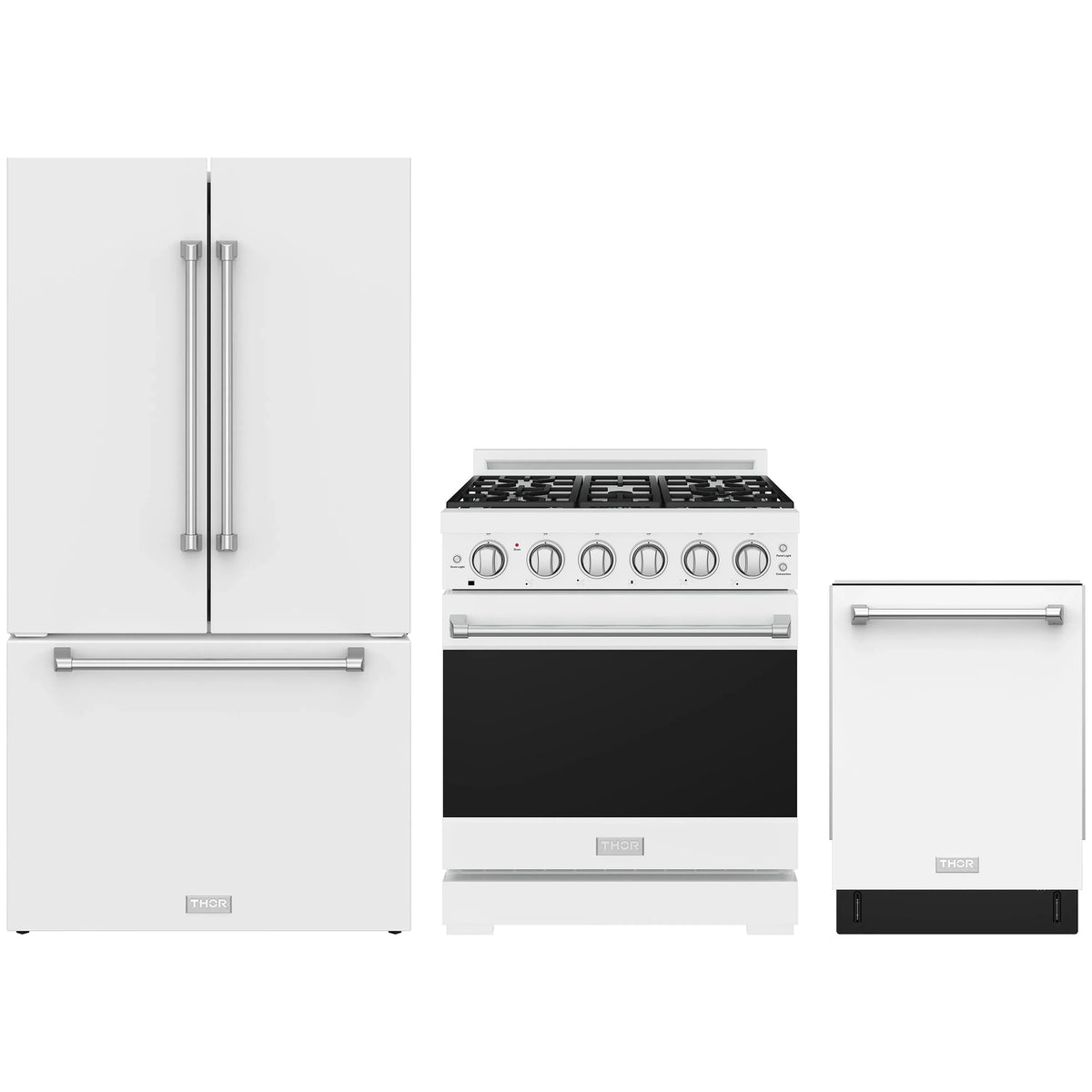 White Gordon Ramsay by Thor Kitchen appliance package with 30-inch natural gas range, French door refrigerator, dishwasher