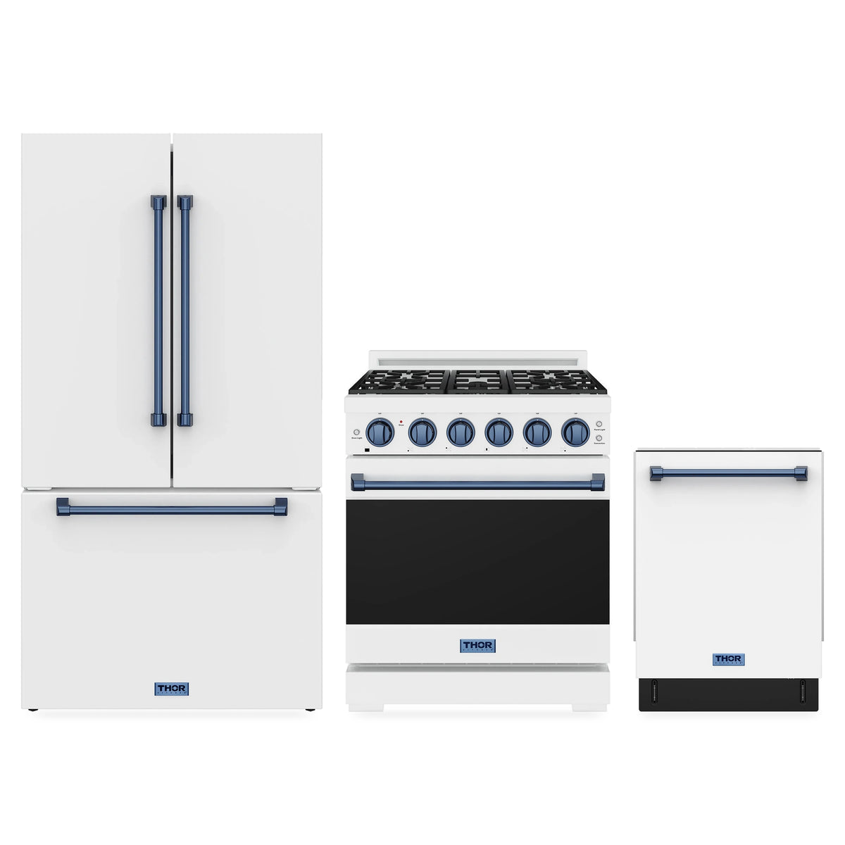 Gordon Ramsay by Thor Kitchen 3-Piece Appliance Package - 30-Inch Propane Gas Range, Counter-Depth Refrigerator, & Dishwasher in White with Blue Trim