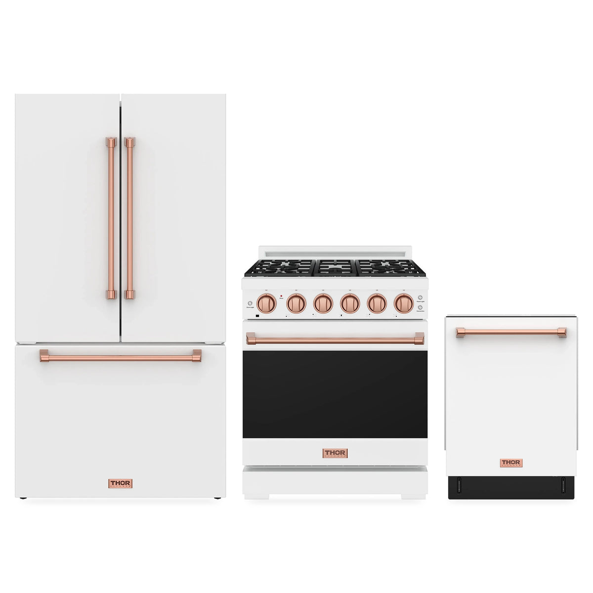 Gordon Ramsay by Thor Kitchen 3-Piece Appliance Package - 30-Inch Propane Gas Range, Counter-Depth Refrigerator, & Dishwasher in White with Rose Gold Trim