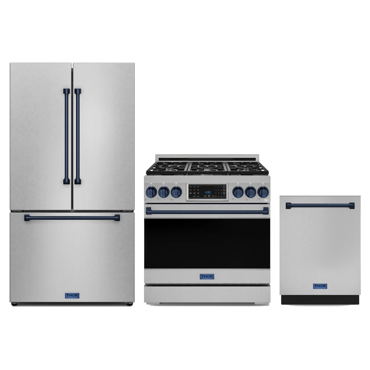 Gordon Ramsay by Thor Kitchen 3-Piece Appliance Package - 36-Inch Gas Range with Tilt Panel, 36-Inch Refrigerator, and Dishwasher in Stainless Steel with Blue Trim