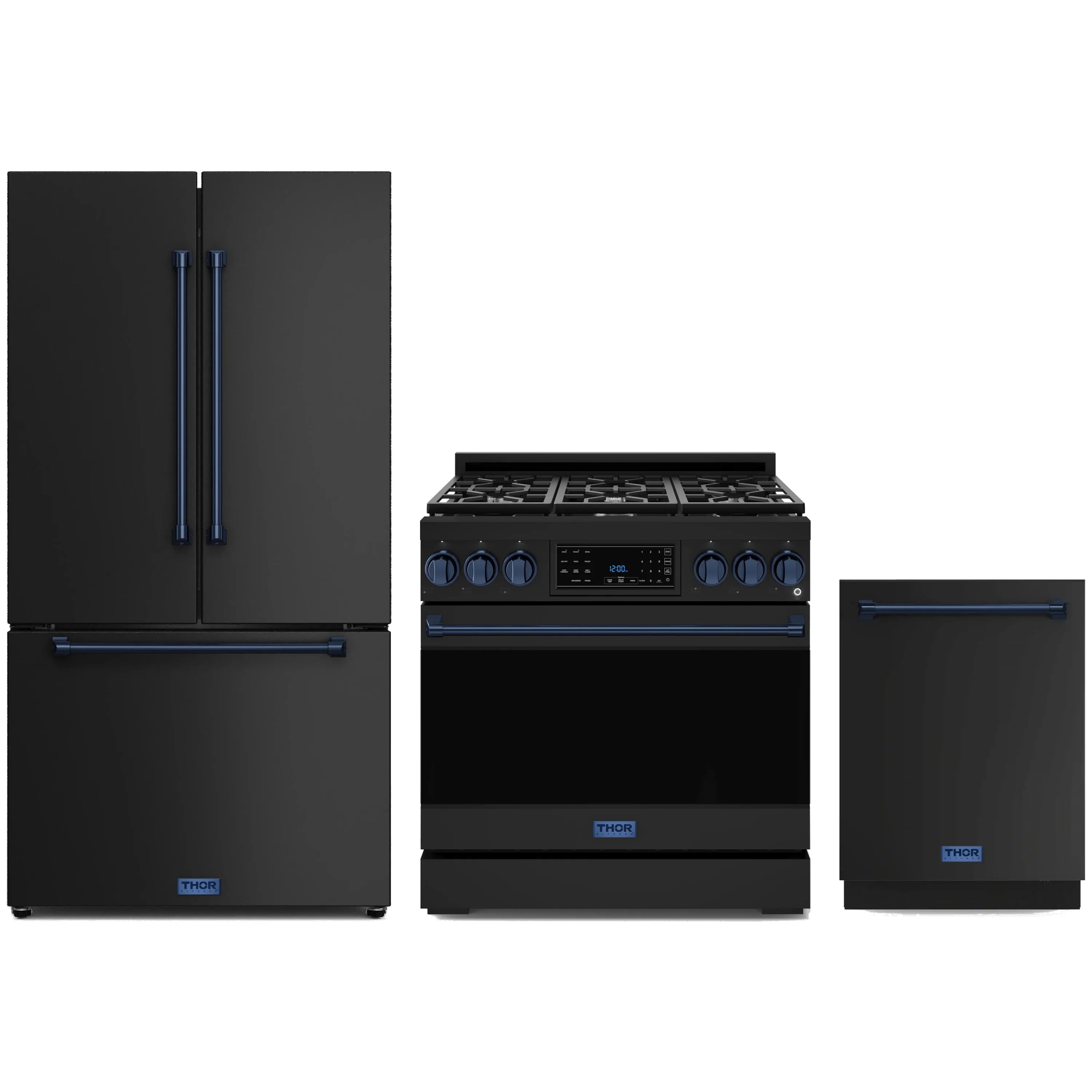 3-piece black kitchen appliance set with blue trim: gas range, refrigerator, dishwasher