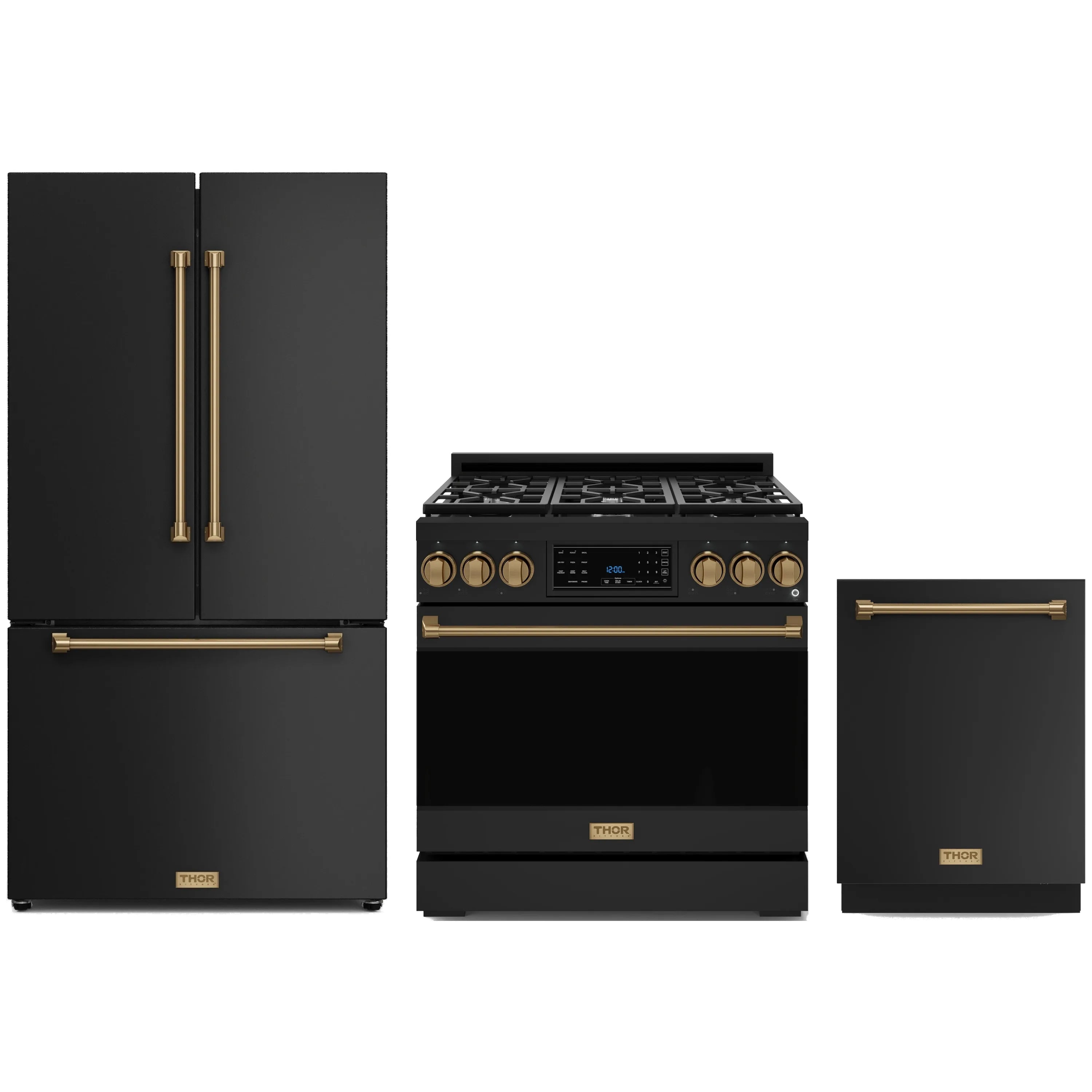 Black appliance package with bronze trim: refrigerator, gas range, and dishwasher set