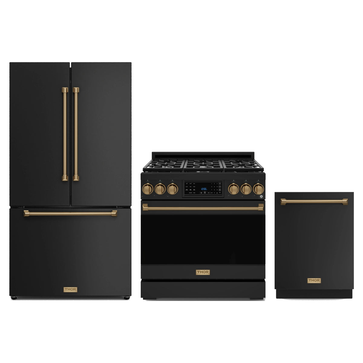 Gordon Ramsay by Thor Kitchen 3-Piece Appliance Package - 36-Inch Gas Range with Tilt Panel, 36-Inch Refrigerator, and Dishwasher in Matte Black with Bronze Trim