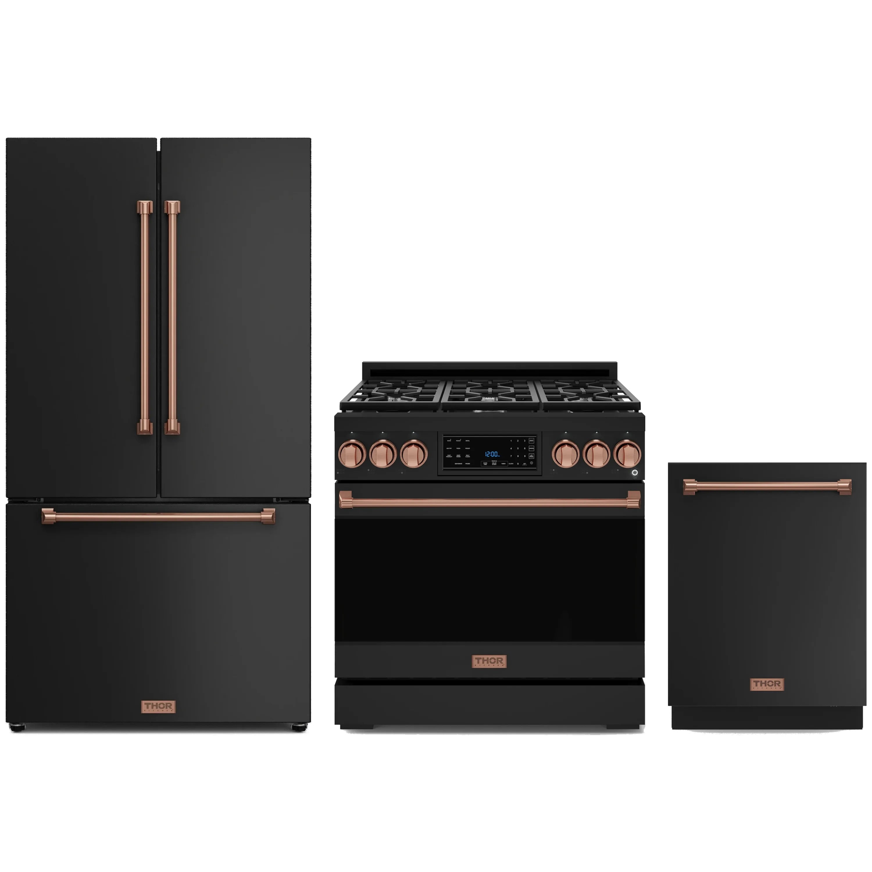 Black kitchen appliance package: gas range, refrigerator, and dishwasher with rose gold trim