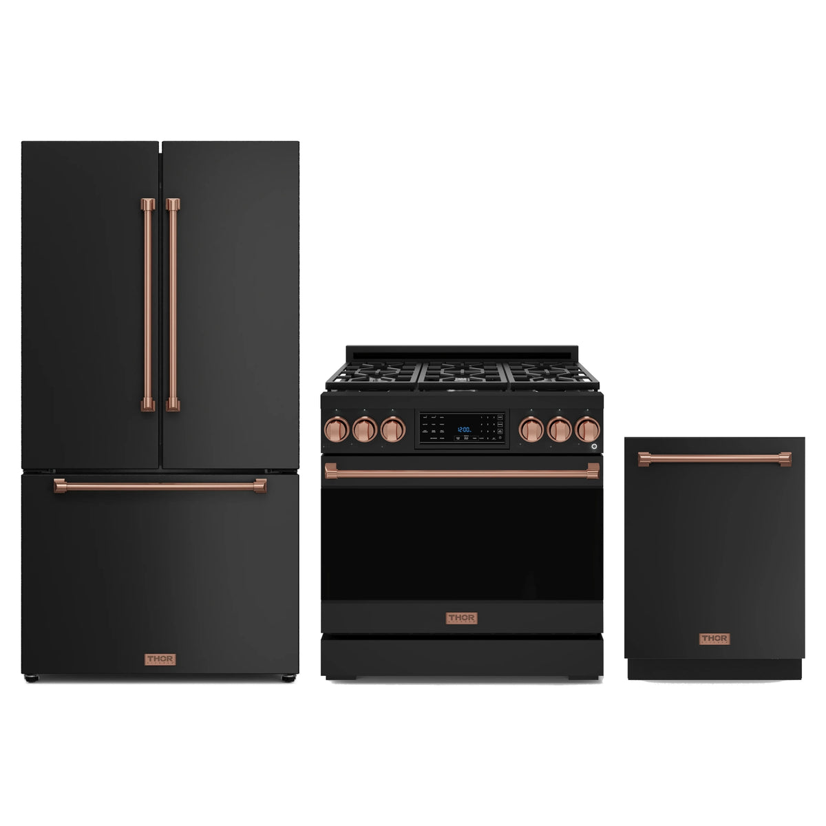 Gordon Ramsay by Thor Kitchen 3-Piece Appliance Package - 36-Inch Propane Gas Range, Tilt Panel, 36-Inch Refrigerator, and Dishwasher in Matte Black with Rose Gold Trim