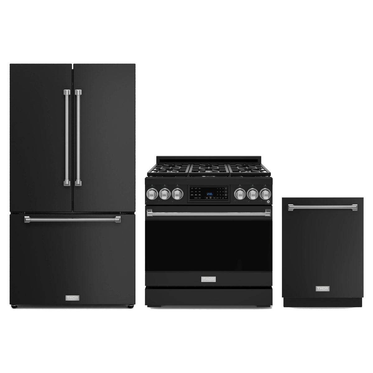 Gordon Ramsay by Thor Kitchen 3-Piece Appliance Package - 36-Inch Propane Gas Range, Tilt Panel, 36-Inch Refrigerator, and Dishwasher in Matte Black with Stainless Steel Trim